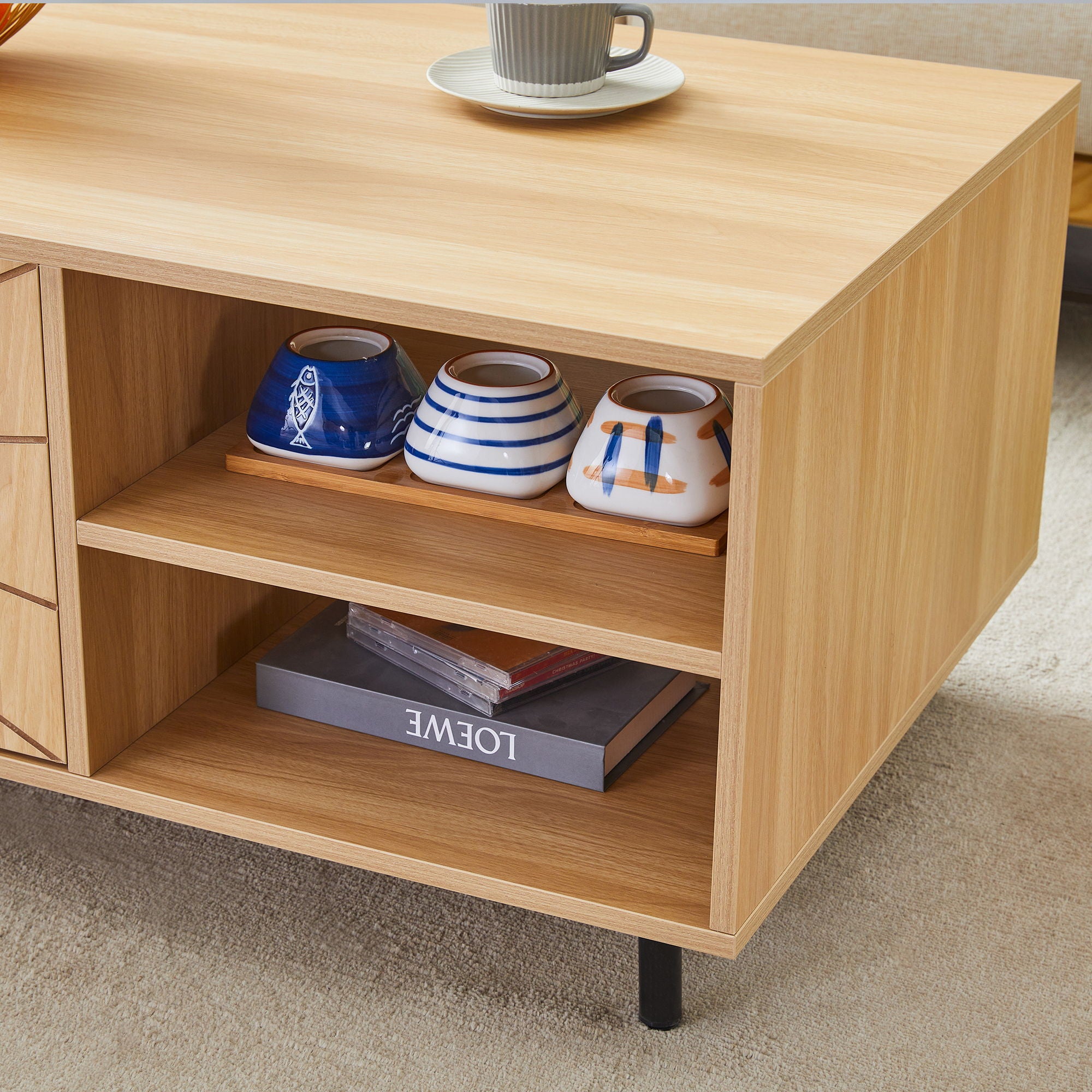 Spider- Web Textured Modern Coffee Table Geometric Art And Practical Design - Natural Wood