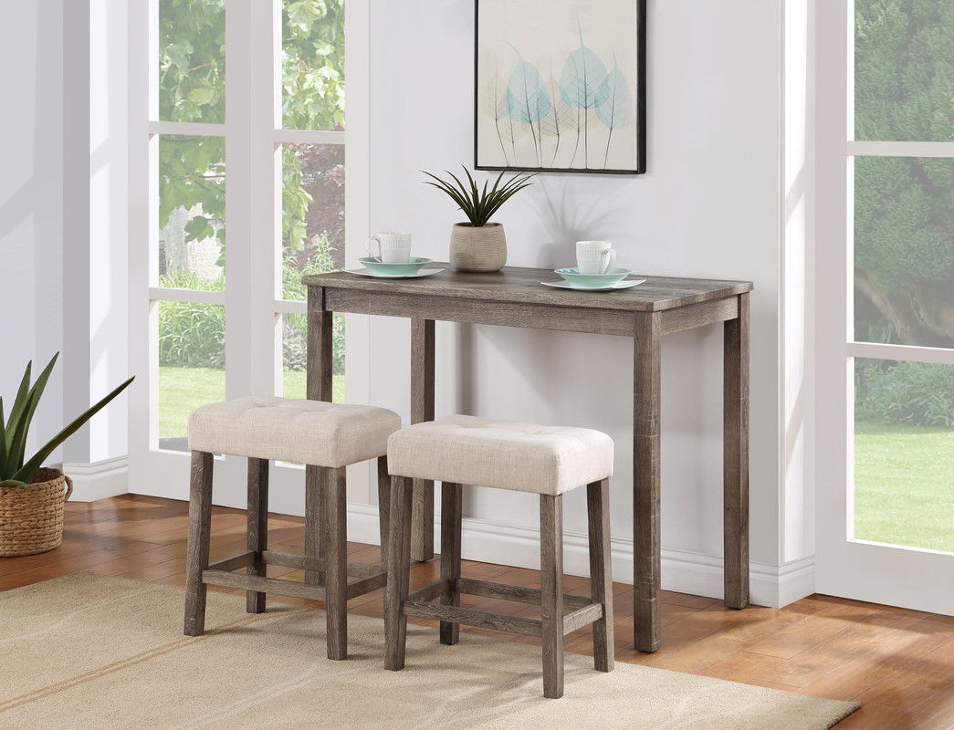 Lux Brown 3 Piece Counter Height 42" Pub Table Set with Tufted Creamy White Linen Stools