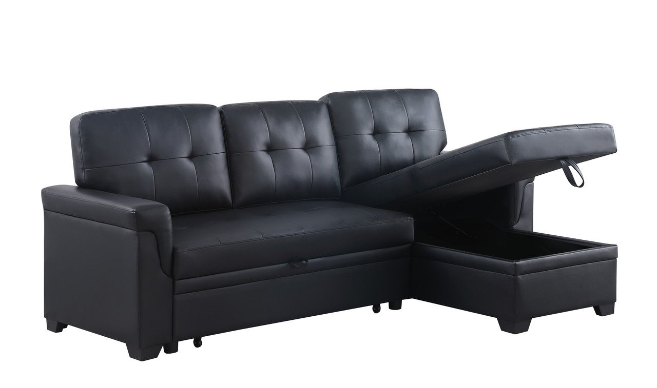 Lucca 84"W Black Vegan Leather Modern Reversible Sleeper Sectional Sofa with Storage Chaise