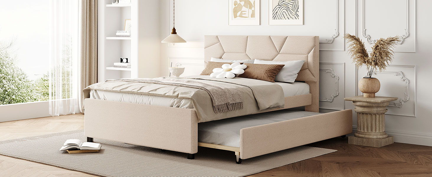 Upholstered Platform Bed With Brick Pattern Headboard And Twin Long Size Trundle