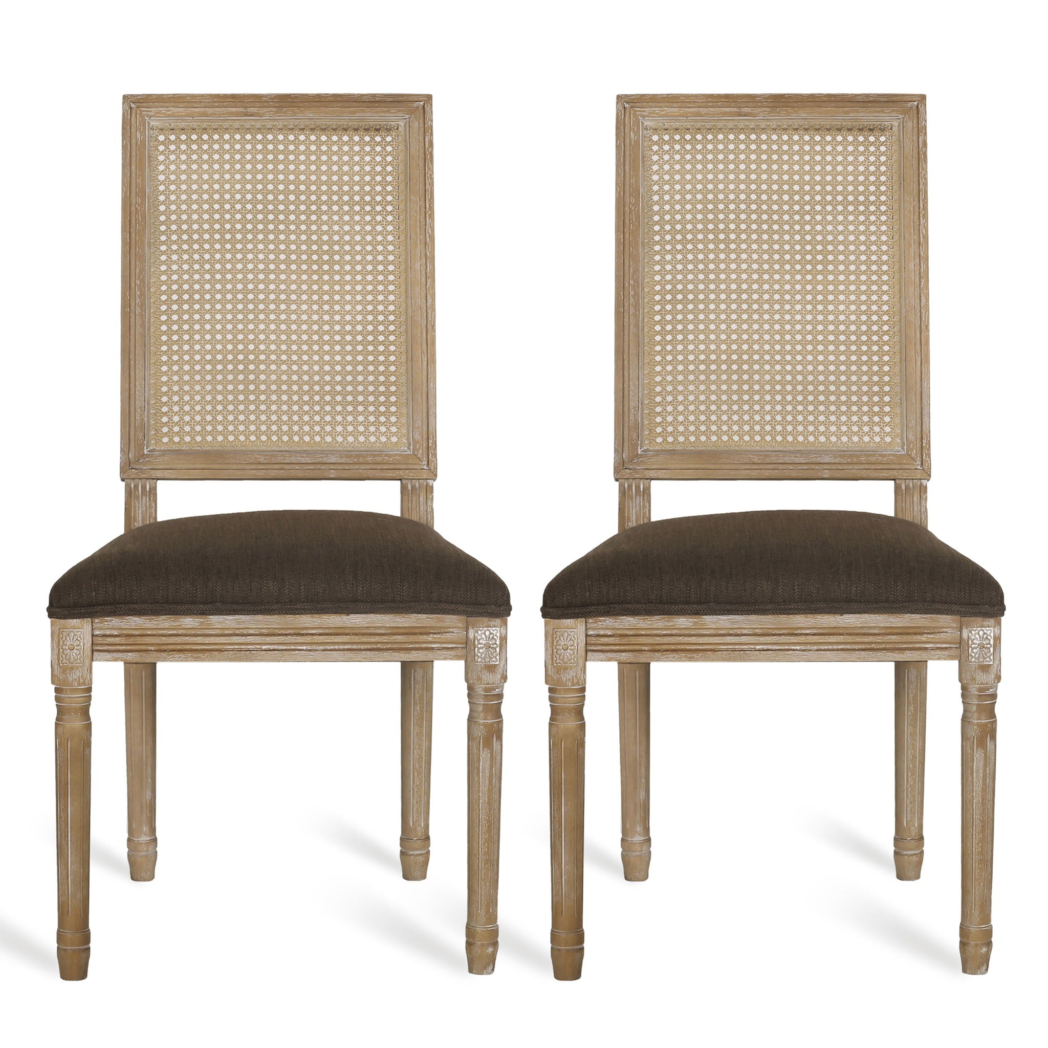 French Country Dining Chair With Rectangular Cane Backrest And Smooth Upholstered Seating
