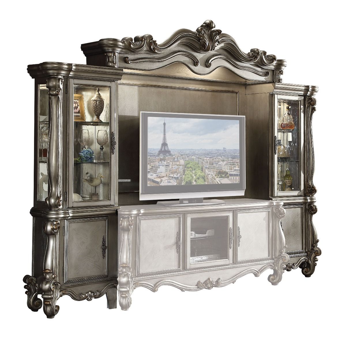 The Versailles the entertainment center was inspired by old European design. This collection features carved scrollwork accent on the bridge's crown.