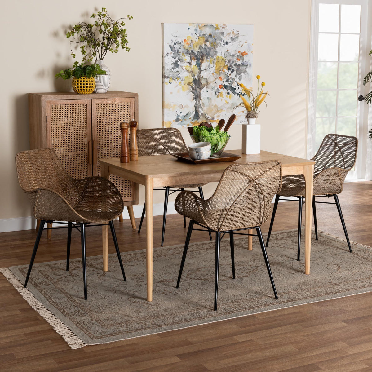 Ballerina Modern Bohemian Greywashed Rattan and Black Metal 5-Piece Dining Set