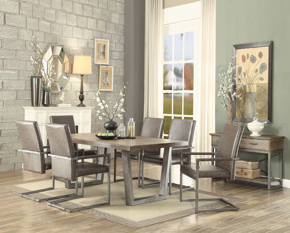 ACME Lazarus - Dining Table - Weathered Oak & Antique Silver | Meri Furniture