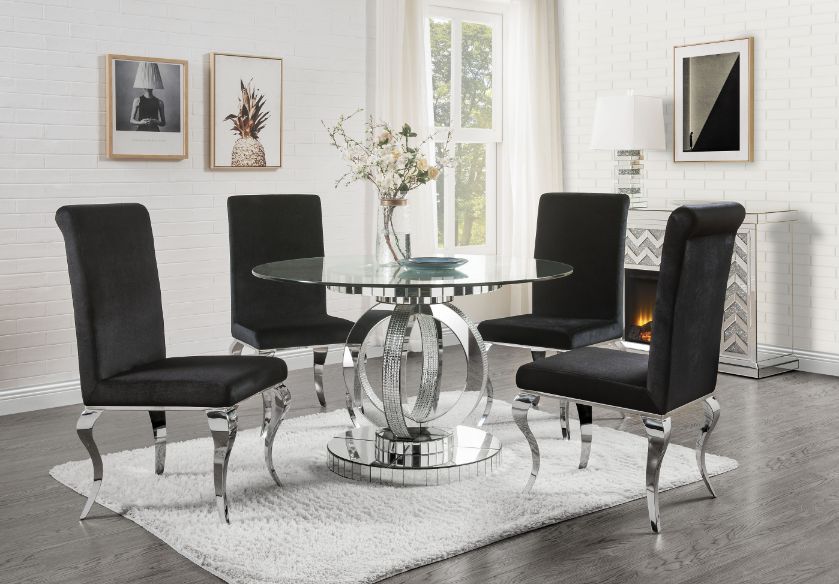 ACME Ornat - Dining Table - Clear Glass, Mirrored & Faux Diamonds - 30" | Meri Furniture