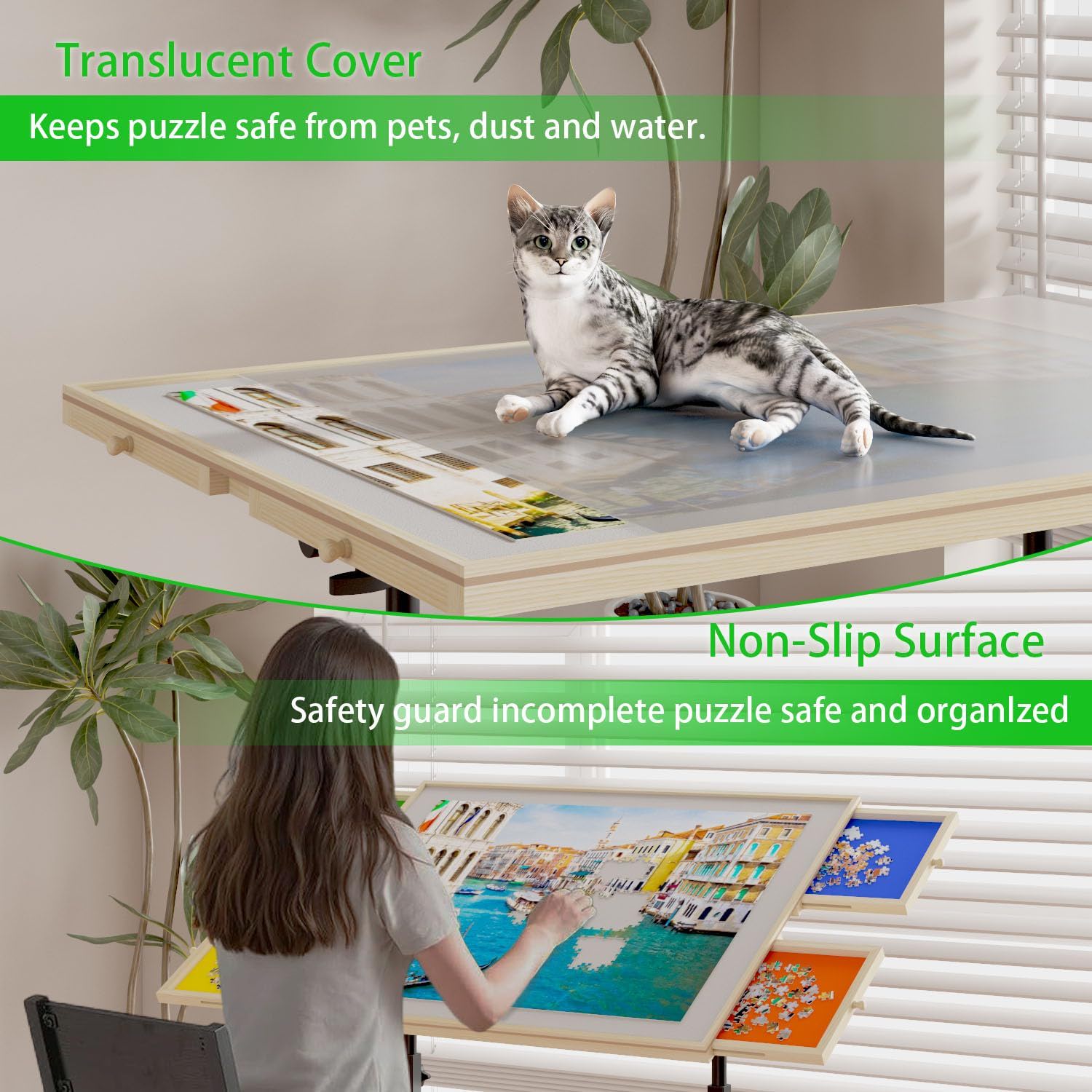 360 Degree Tilting Wooden Puzzle Table With 1500 Pieces, Rolling Design With Adjustable Height, Drawer, And Protective Cover - Black / Natural Wood