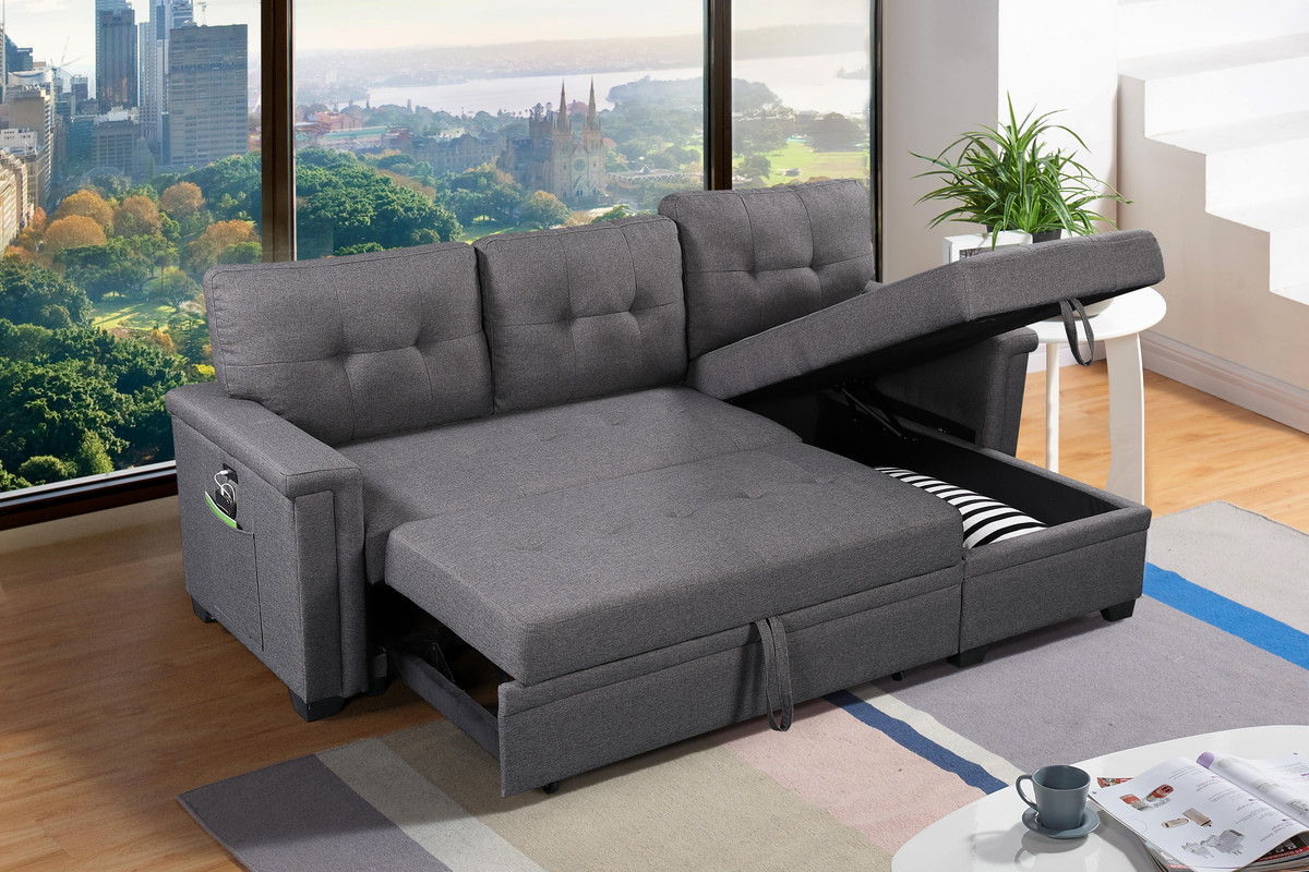 Ashlyn 84"W Dark Gray Reversible Sleeper Sectional Sofa with Storage Chaise, USB Charging Ports and Pocket