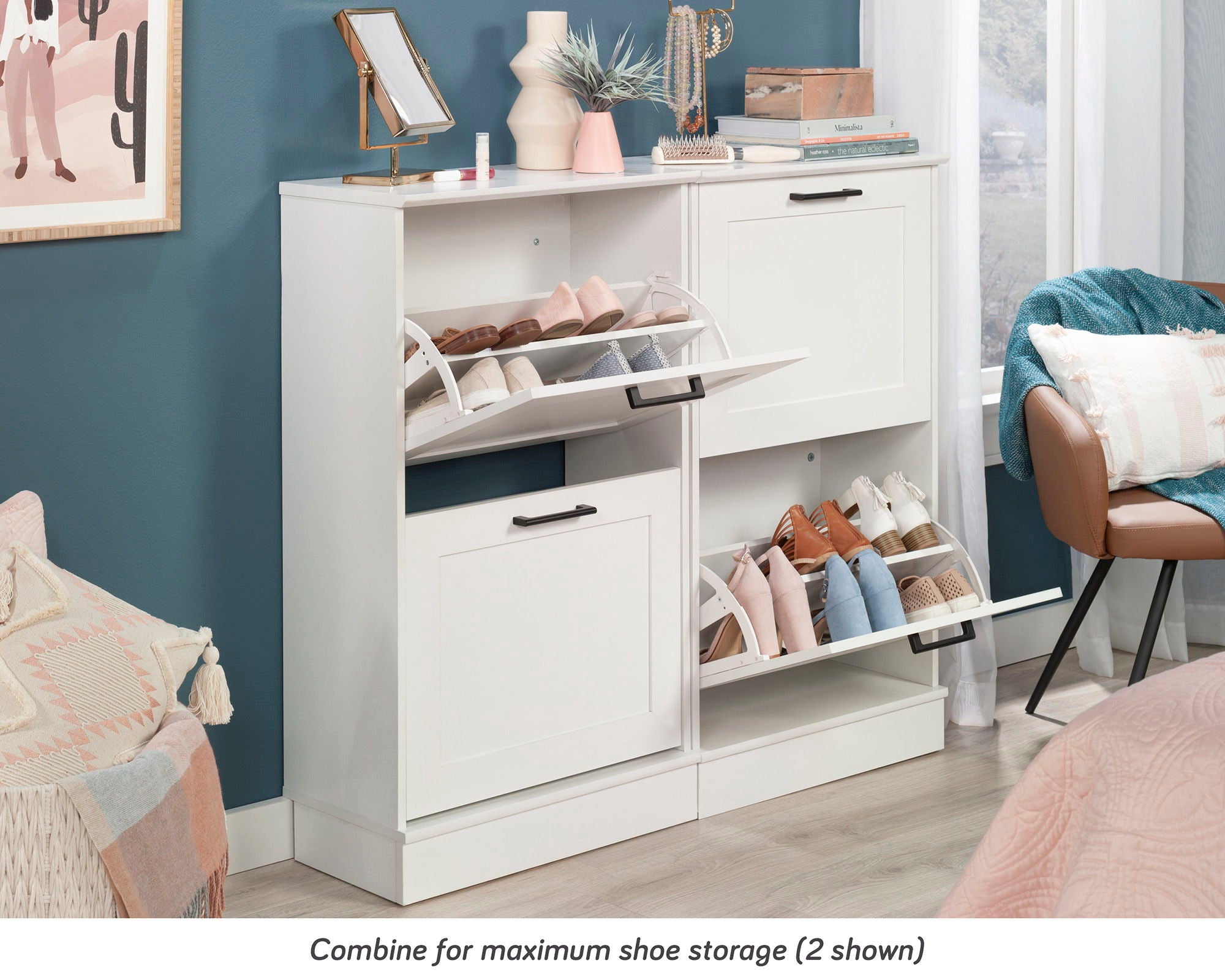 Narrow Shoe Cabinet with Flip Door in White