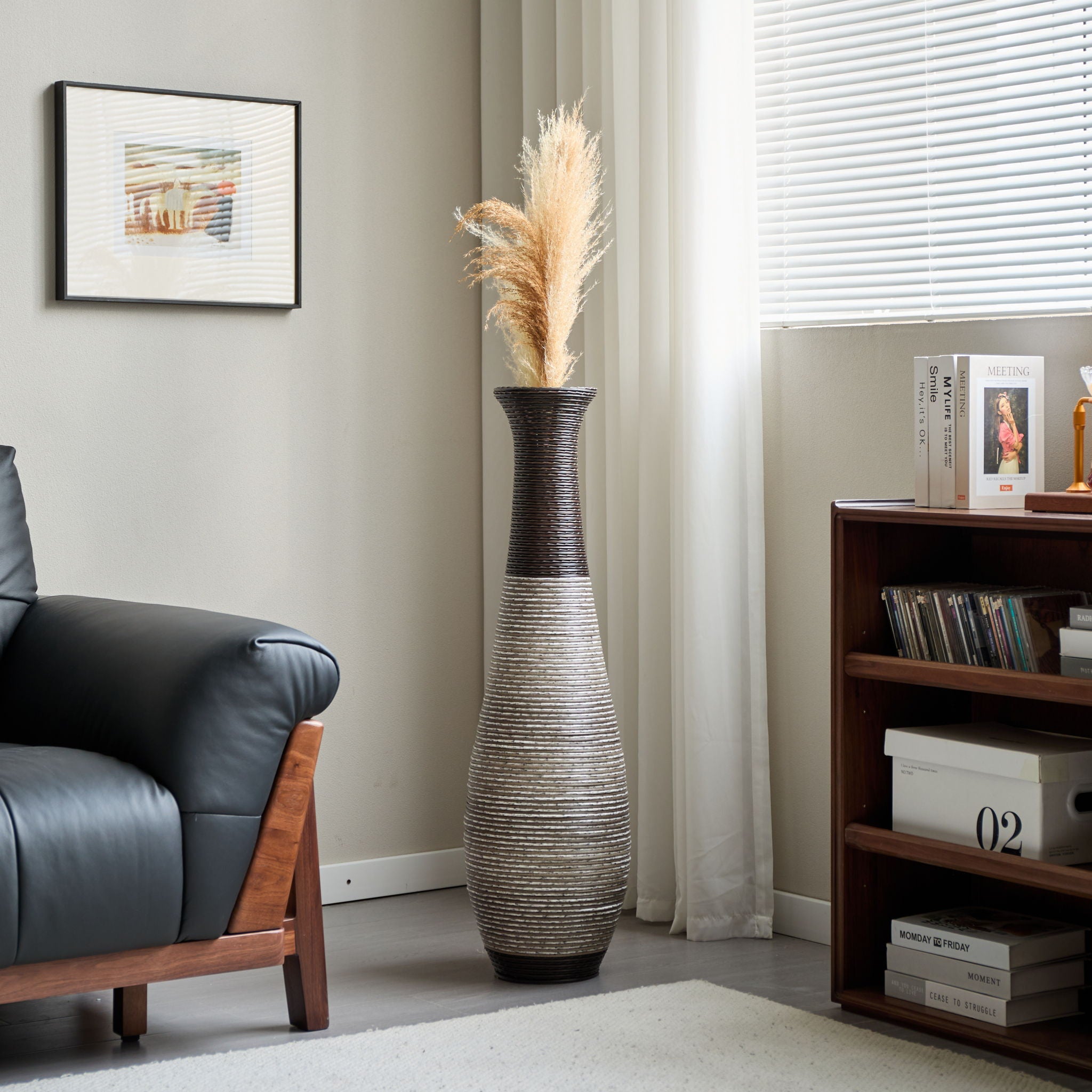 Tall Standing Designer Floor Vase Durable Artificial Rattan Elegant 2 Tone Finish Ideal Decor Accent For Living Room, Bedroom, Entryway Stylish Home Decor Statement Piece - Black / Gray