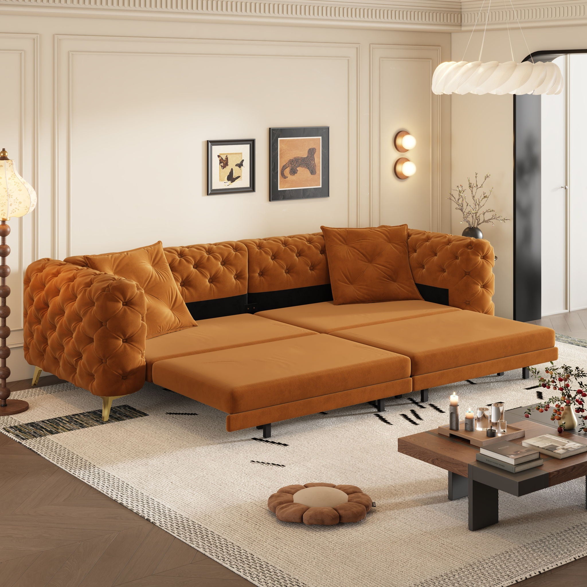 3 In 1 Convertible Sleeper, Deep Seat Pull Out Sofa Bed, Button Tufted