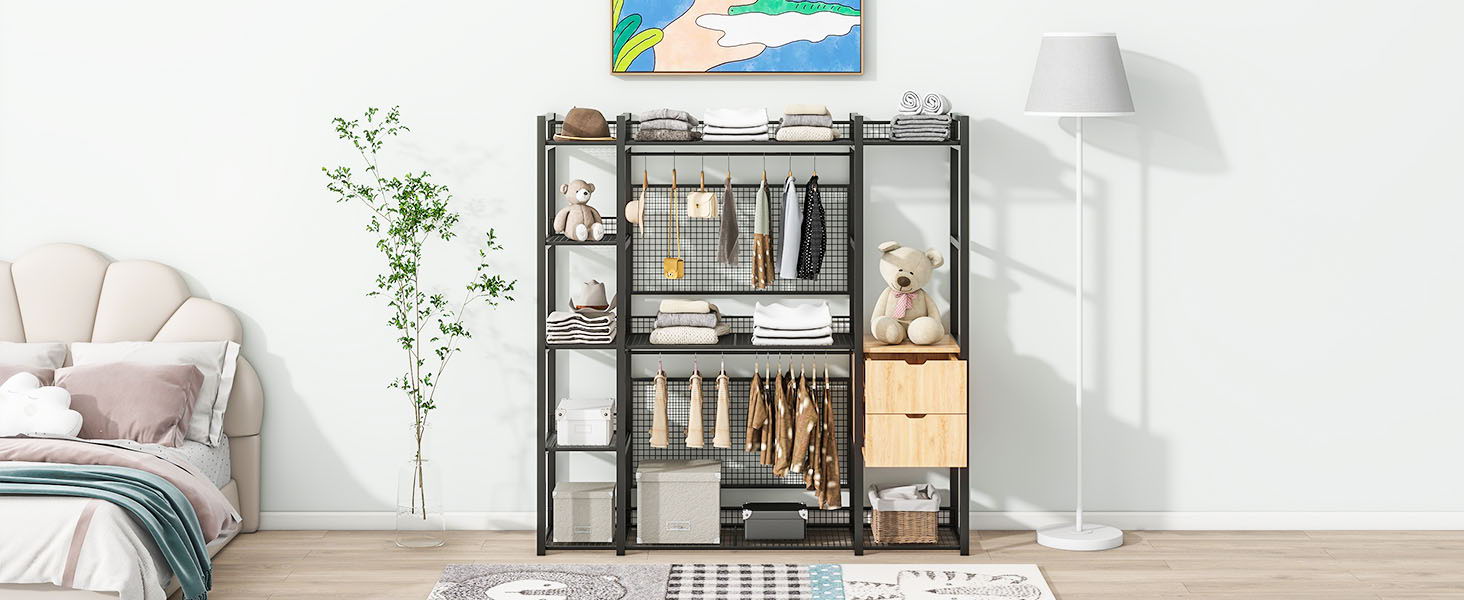 Open Style Wardrobe With Hanging Rails, Shelves And Drawers