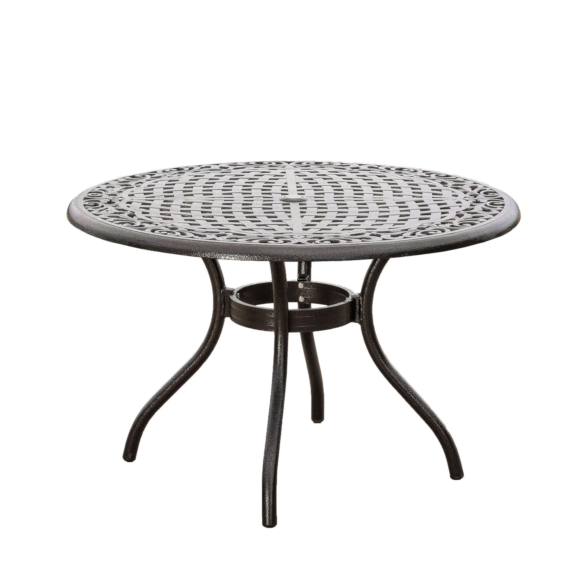 Tranquilius - Outdoor Round Dining Table With Lattice Tabletop, Umbrella Hole And Curved Legs