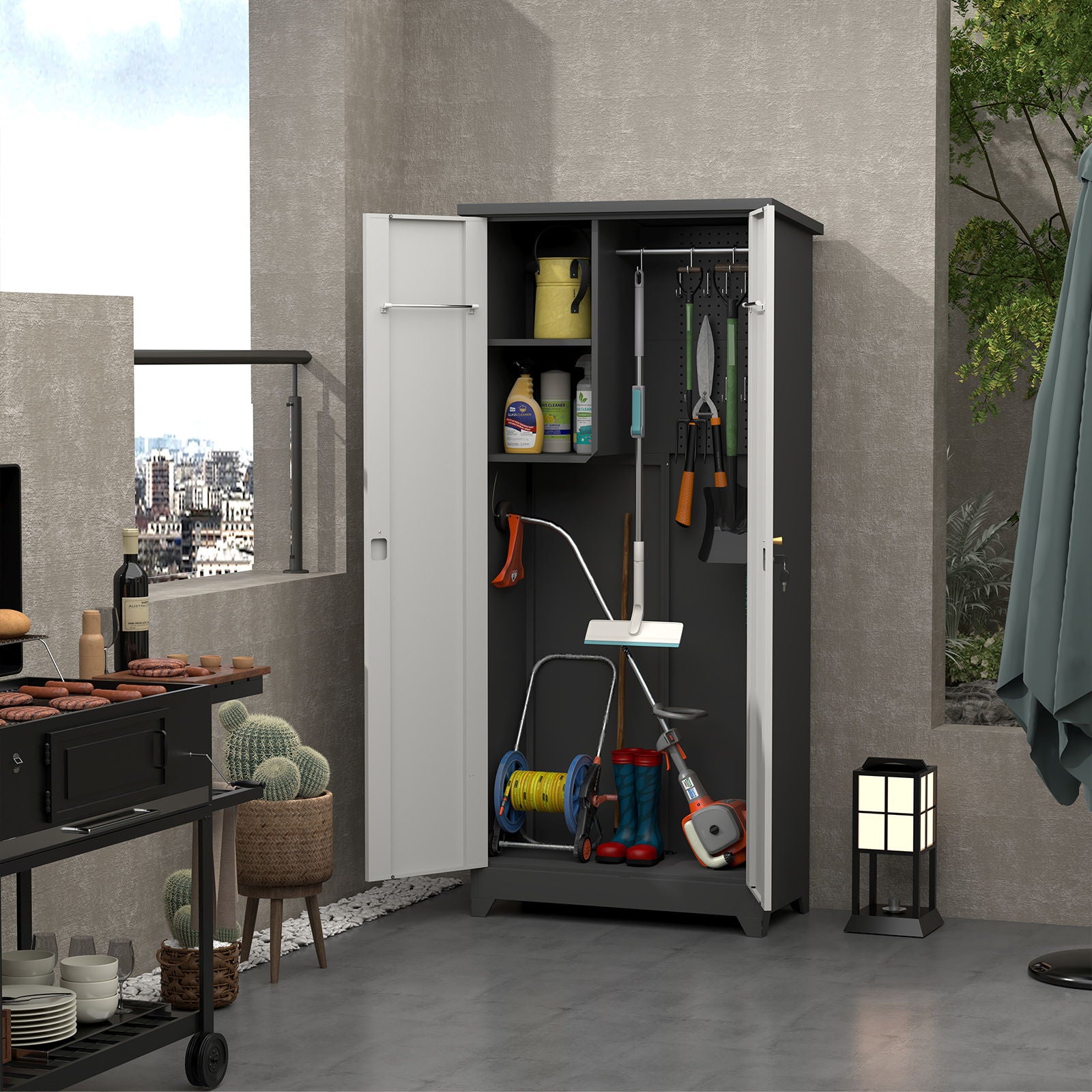 Outdoor Cabinet, Large Capacity Storage Vertical Tall Design With Shelves And Secure Lock
