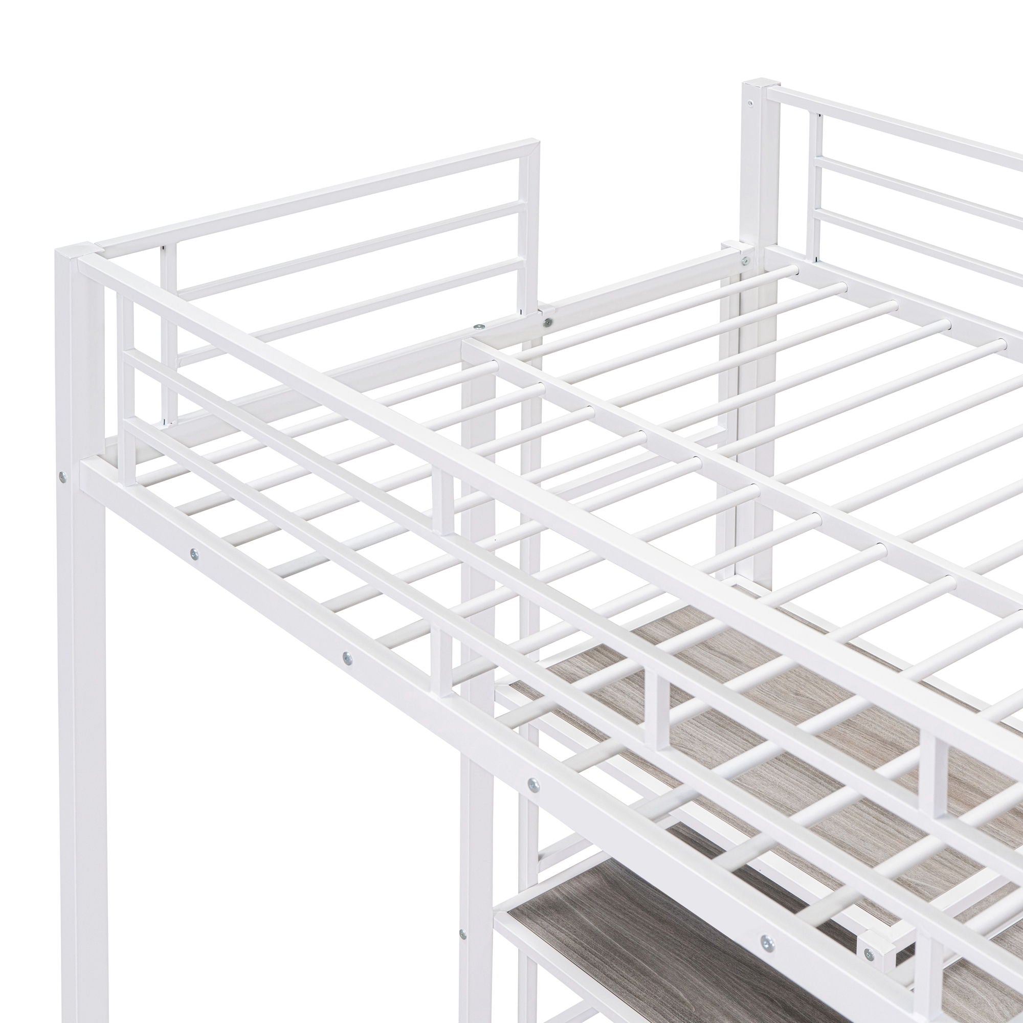 Metal Loft Bed With Desk, 3 Shelves And Ladder