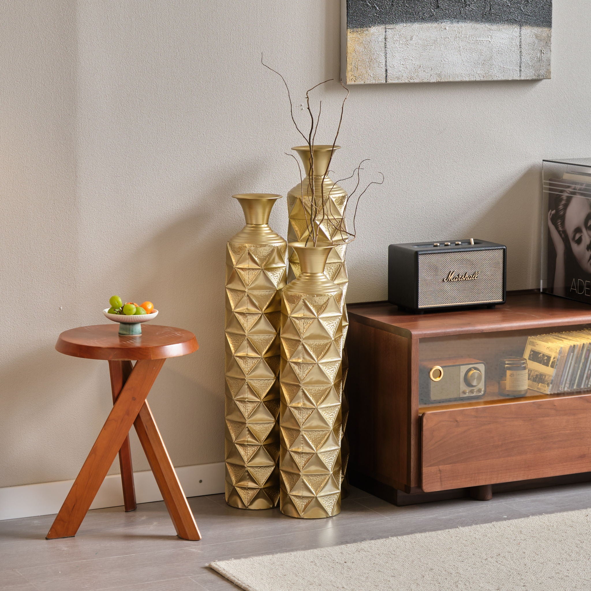Metal Decorative Vase High Distress Metal Center Vase With 3D Triangle Pattern, (Set of 3) Vases For Home Decoration - Gold