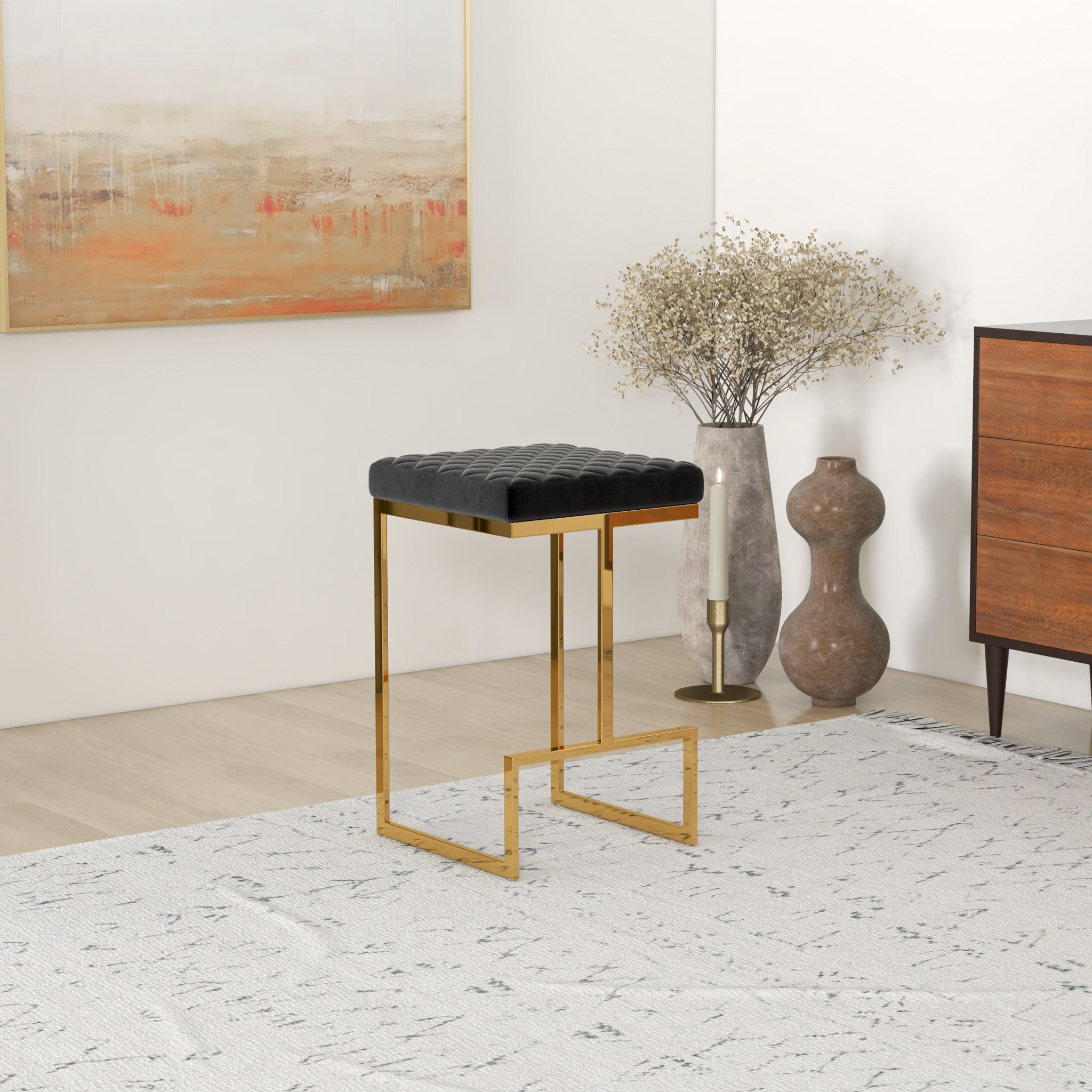 Joel - Mid-Century Modern Luxury Upholstered Stool - Black / Gold