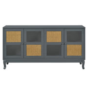 Retro Industrial 4 Door Sideboard With Large Storage, Rattan And Glass Doors