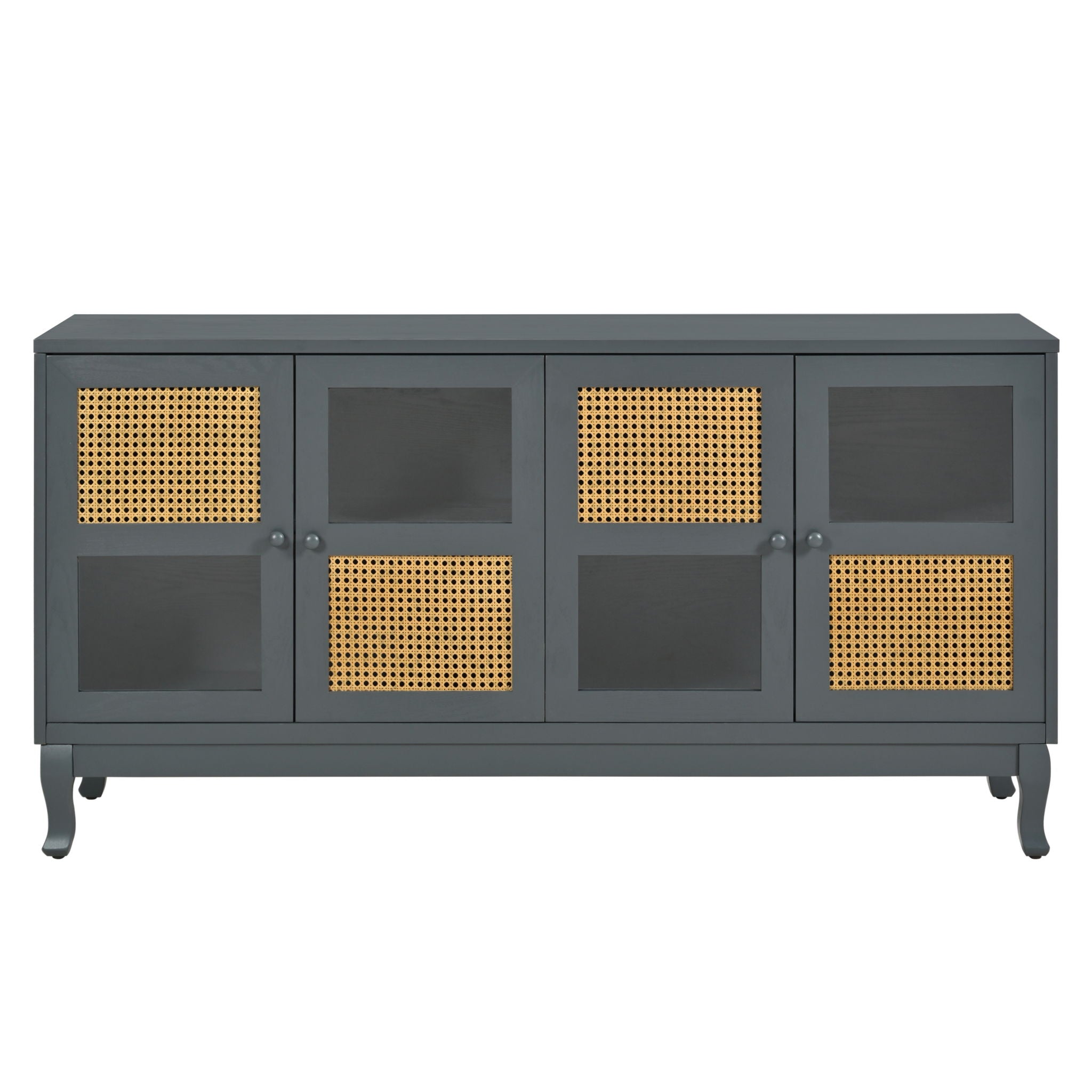 Retro Industrial 4 Door Sideboard With Large Storage, Rattan And Glass Doors