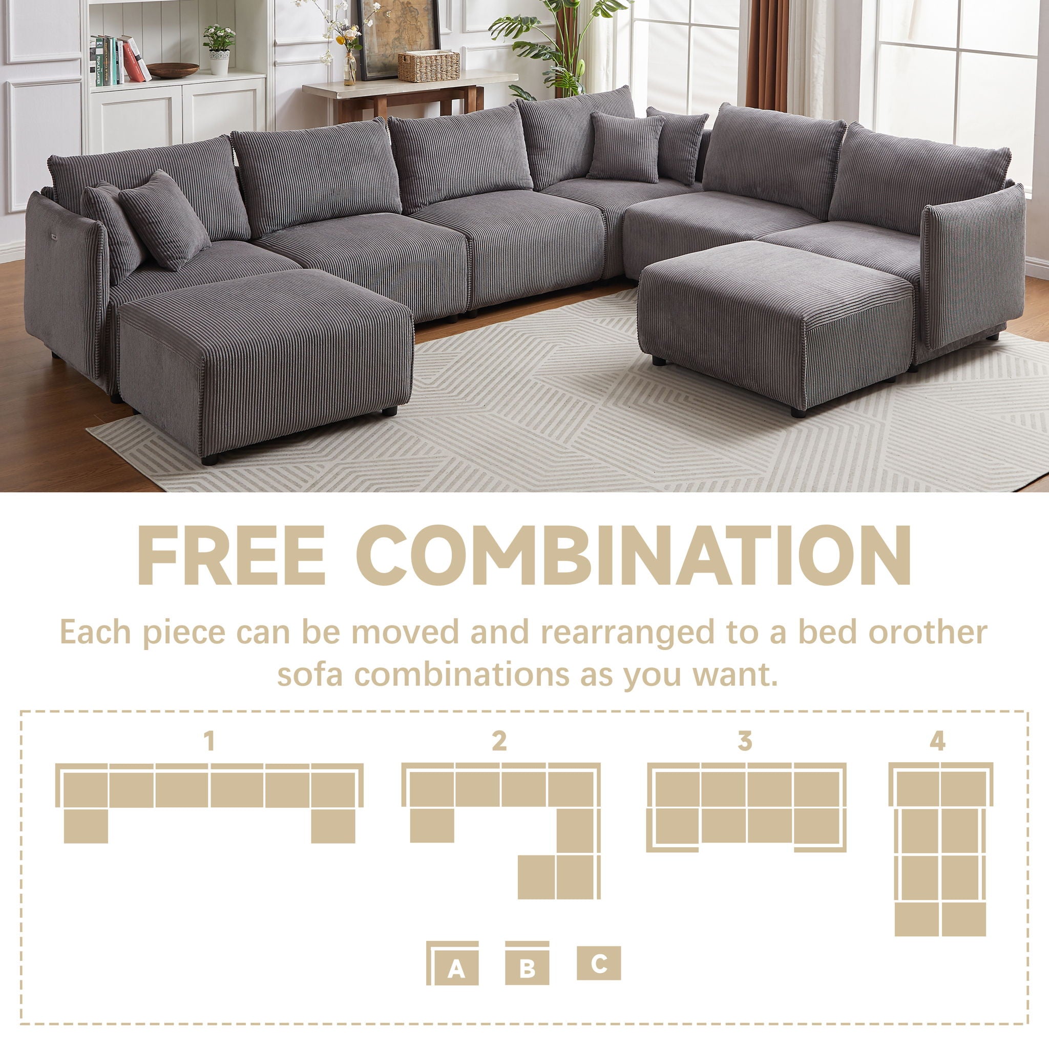 Modern Minimalist Corduroy Combination Sofa With 2 Comfort Cushions With USB & C Charging Ports