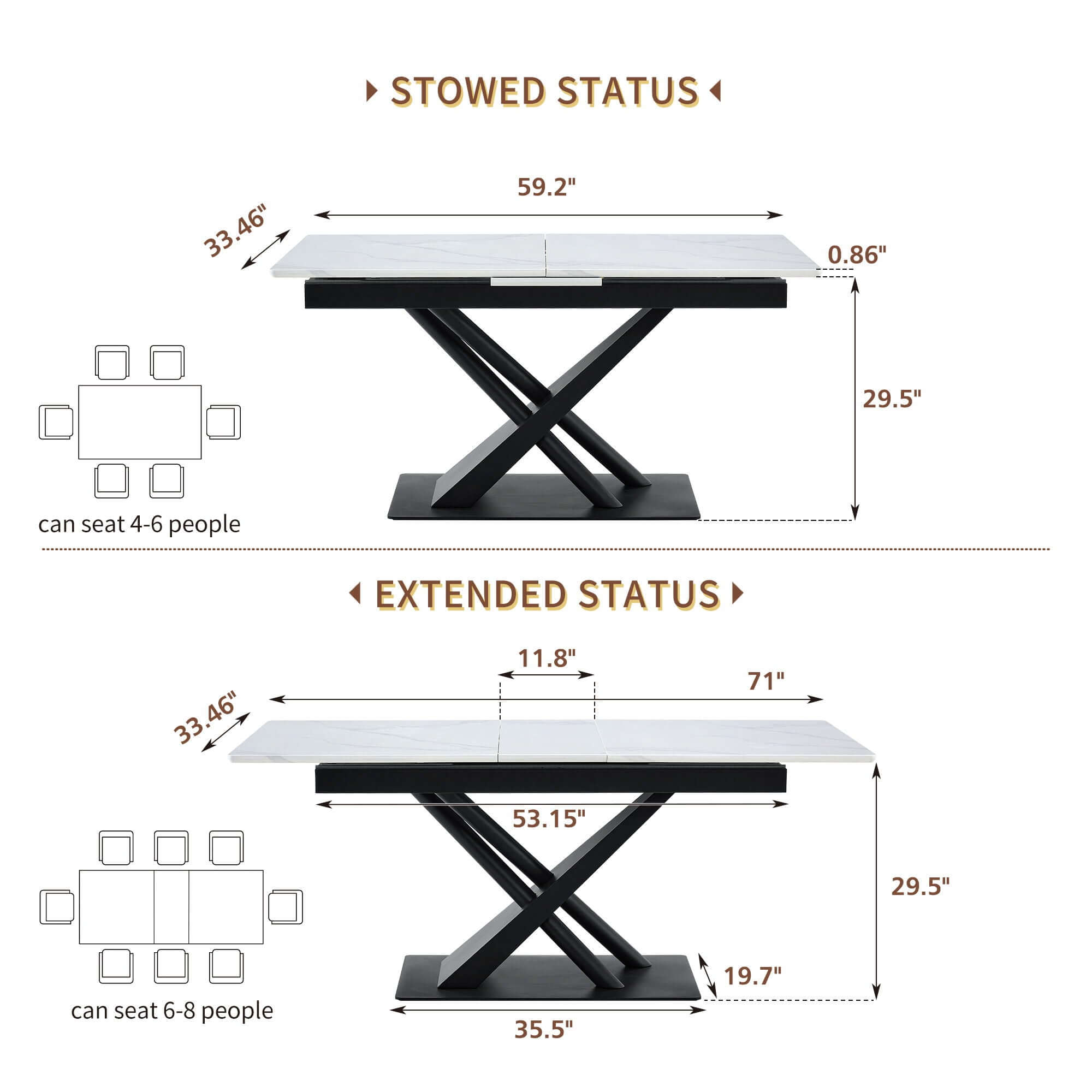 Dining Table With Geometric X Frame For Kitchen Or Dining Room - White Marble