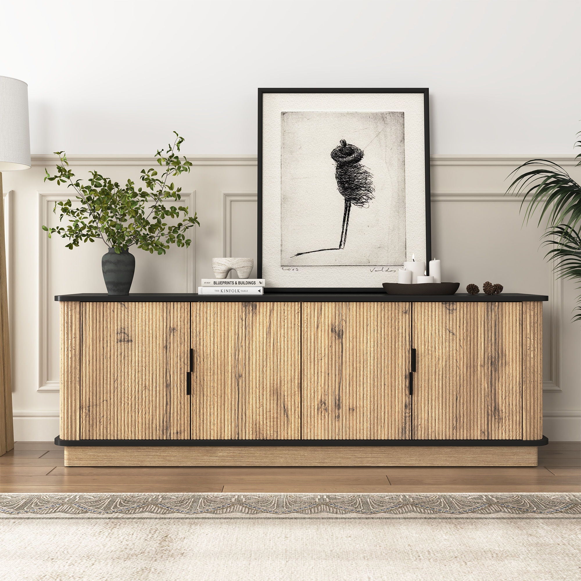 Grain 4 Door TV Cabinet, An Ideal Choice For TV And Item Storage In Modern Homes, A Perfect Blend Of Nordic And Modern Minimalist Styles - Black