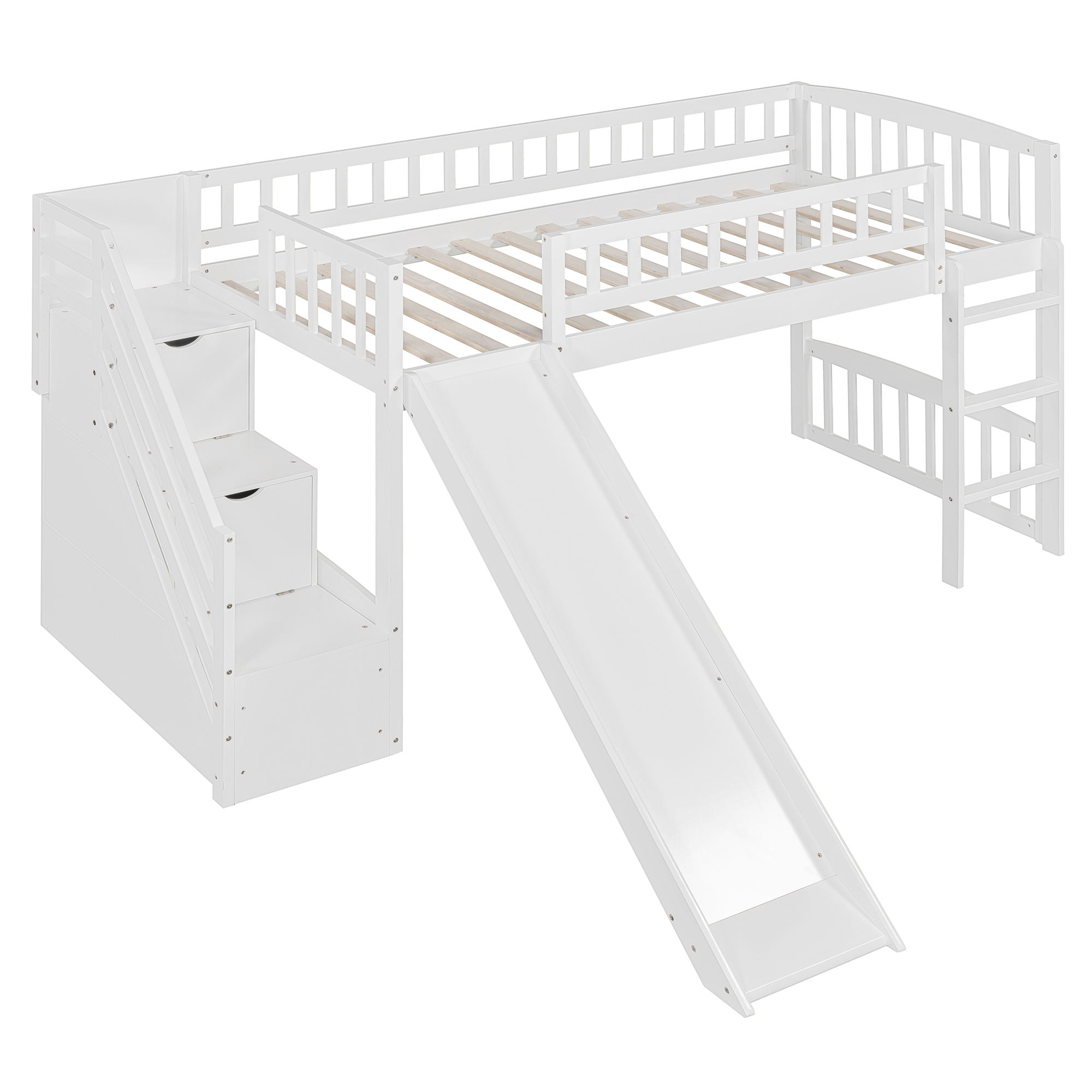 Loft Stairway Bed With 2 Drawers, Convertible Ladder And Slide