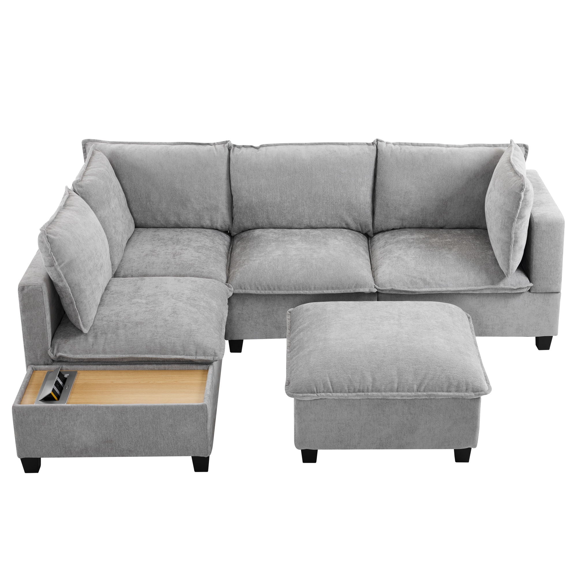 U-Shaped Sectional Modular Sofa With A Movable Ottoman, A Coffee Table With Hidden Charging Devices For Living Room