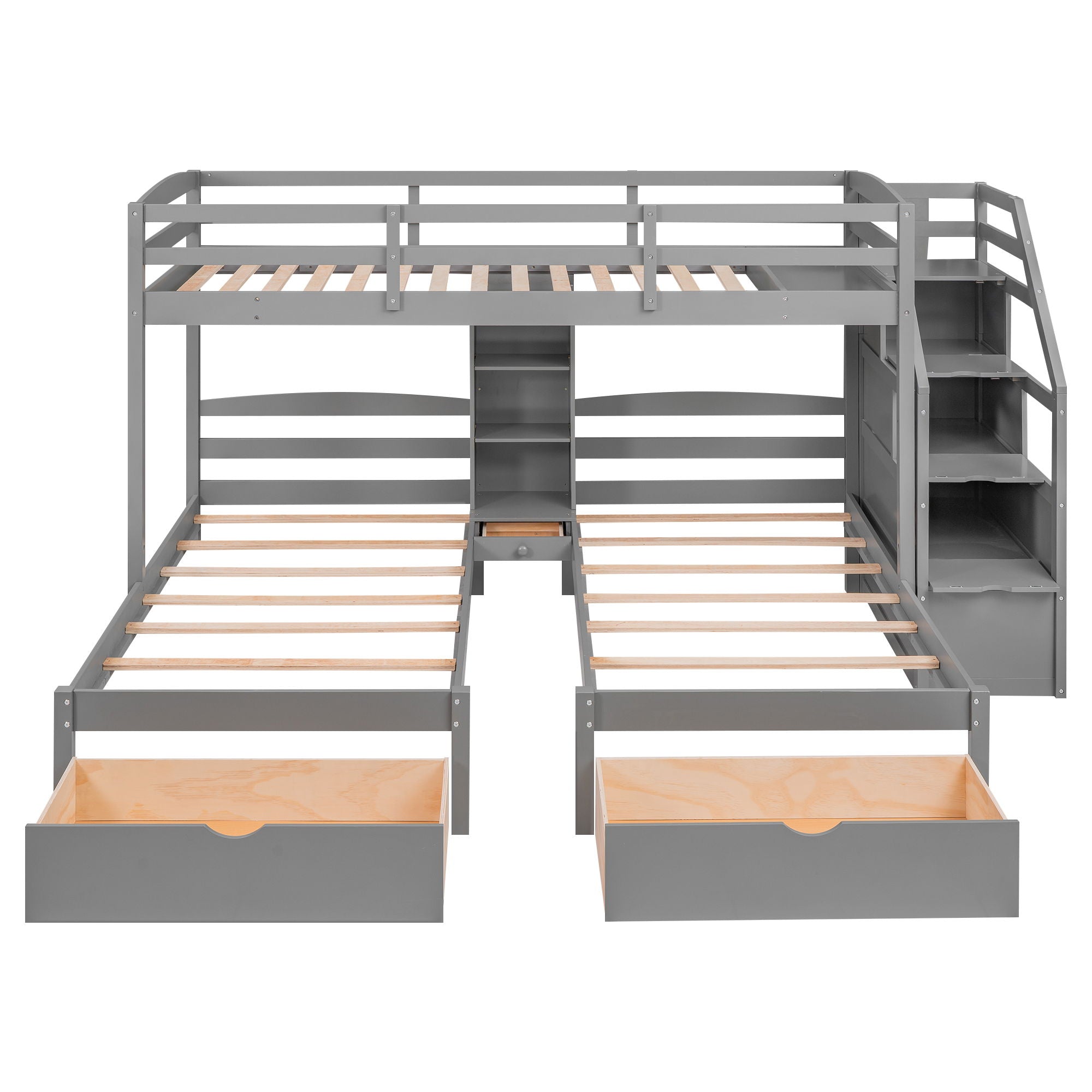 Twin Over Twin & Twin Bunk Bed With Drawers, Staircase Storage, Built In Shelves - Gray