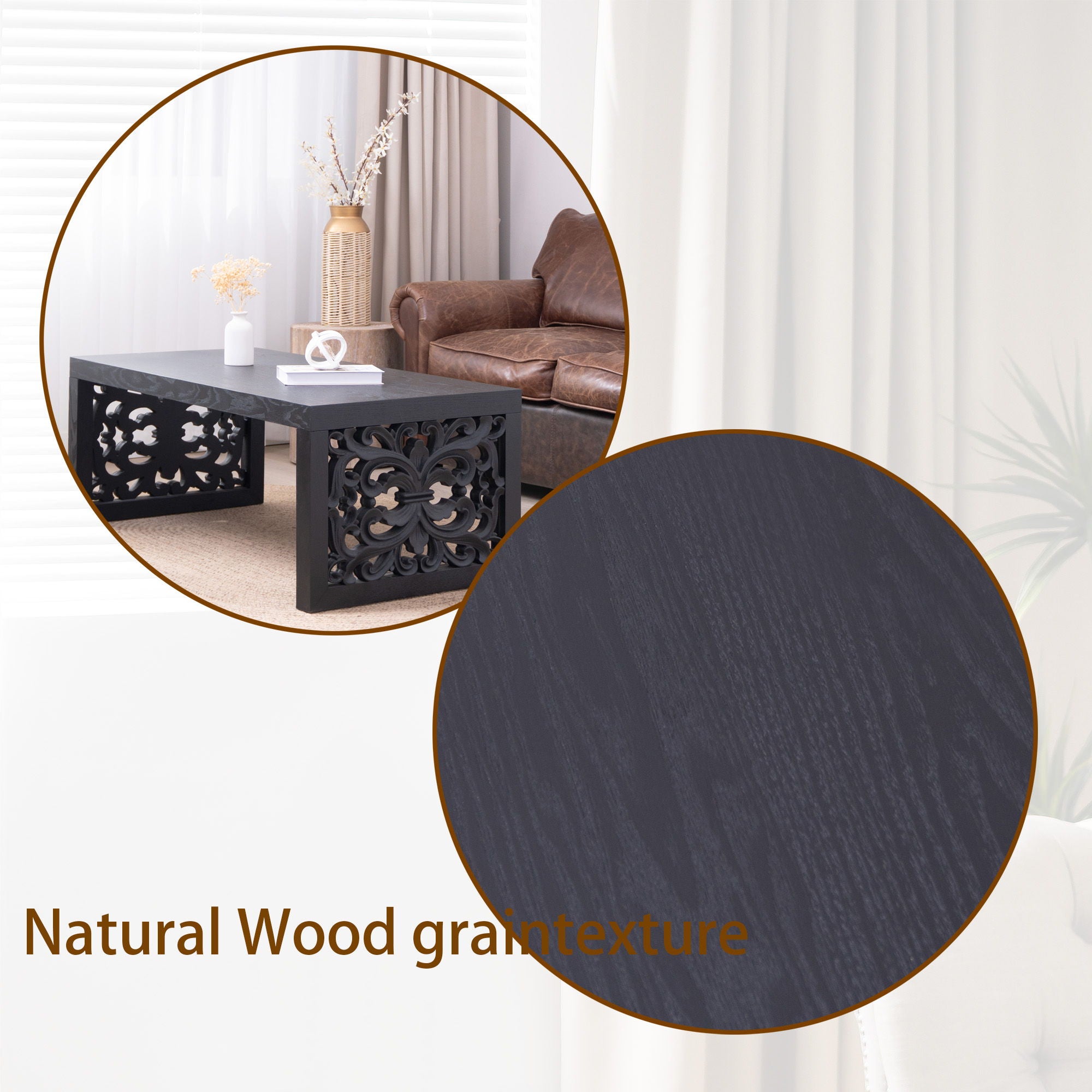 Rustic Carved Wood Coffee Table, Handcrafted Look With Ornate Side Panels