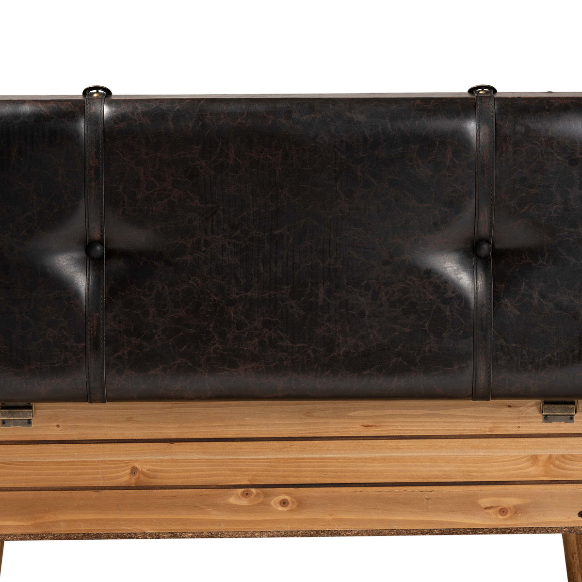 Amena Rustic Transitional Dark Brown PU Leather Upholstered and Oak Finished Wood Large Storage Ottoman