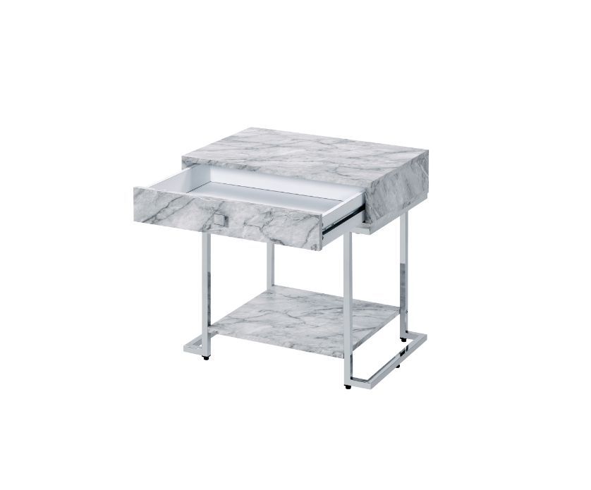 Wither - Accent Table - White Printed Faux Marble & Chrome Finish