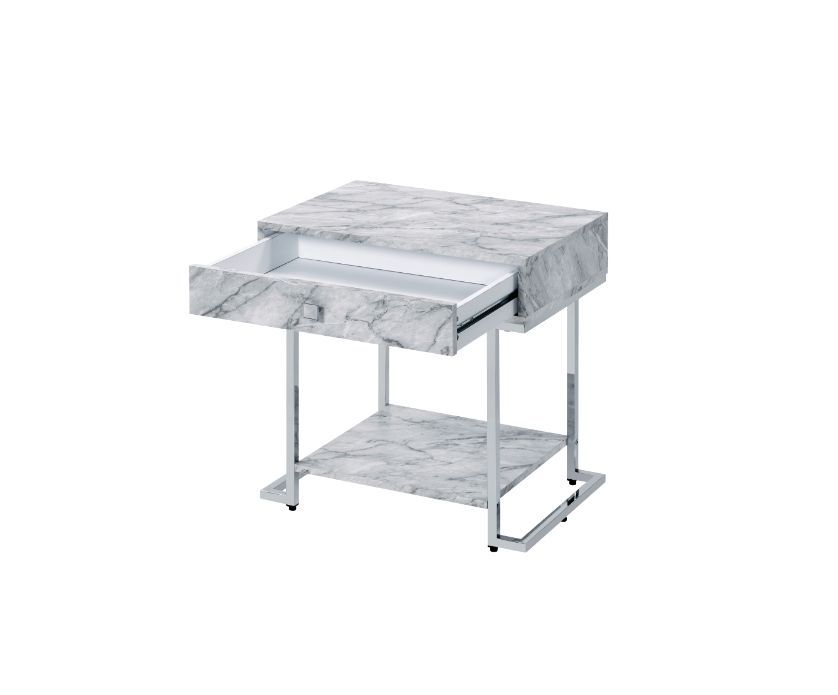 ACME Wither - Accent Table - White Printed Faux Marble & Chrome Finish | Meri Furniture