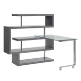 Writing Desk w/Swivel Function 360 Open Storage: 4 Shelves Clear Glass Desk Top High Gloss Finish 2 Wheels Included