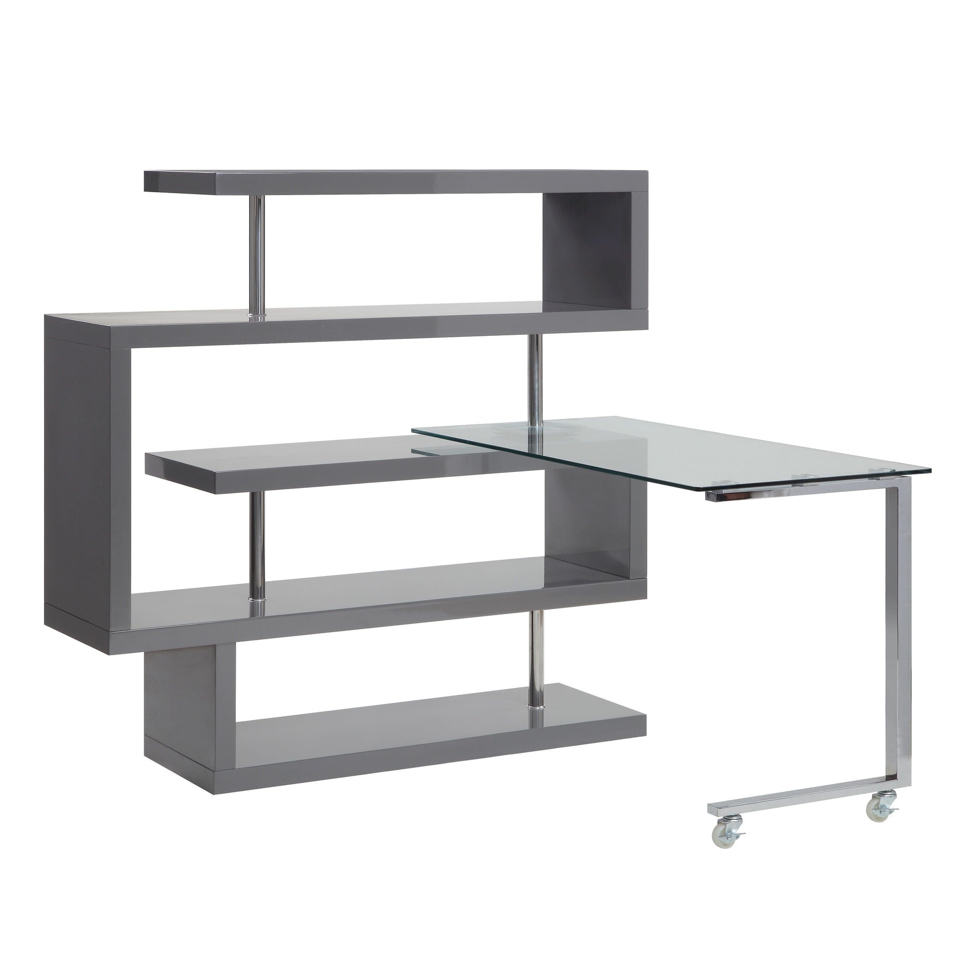 ACME Writing Desk w/Swivel Function 360 Open Storage: 4 Shelves Clear Glass Desk Top High Gloss Finish 2 Wheels Included | Meri Furniture