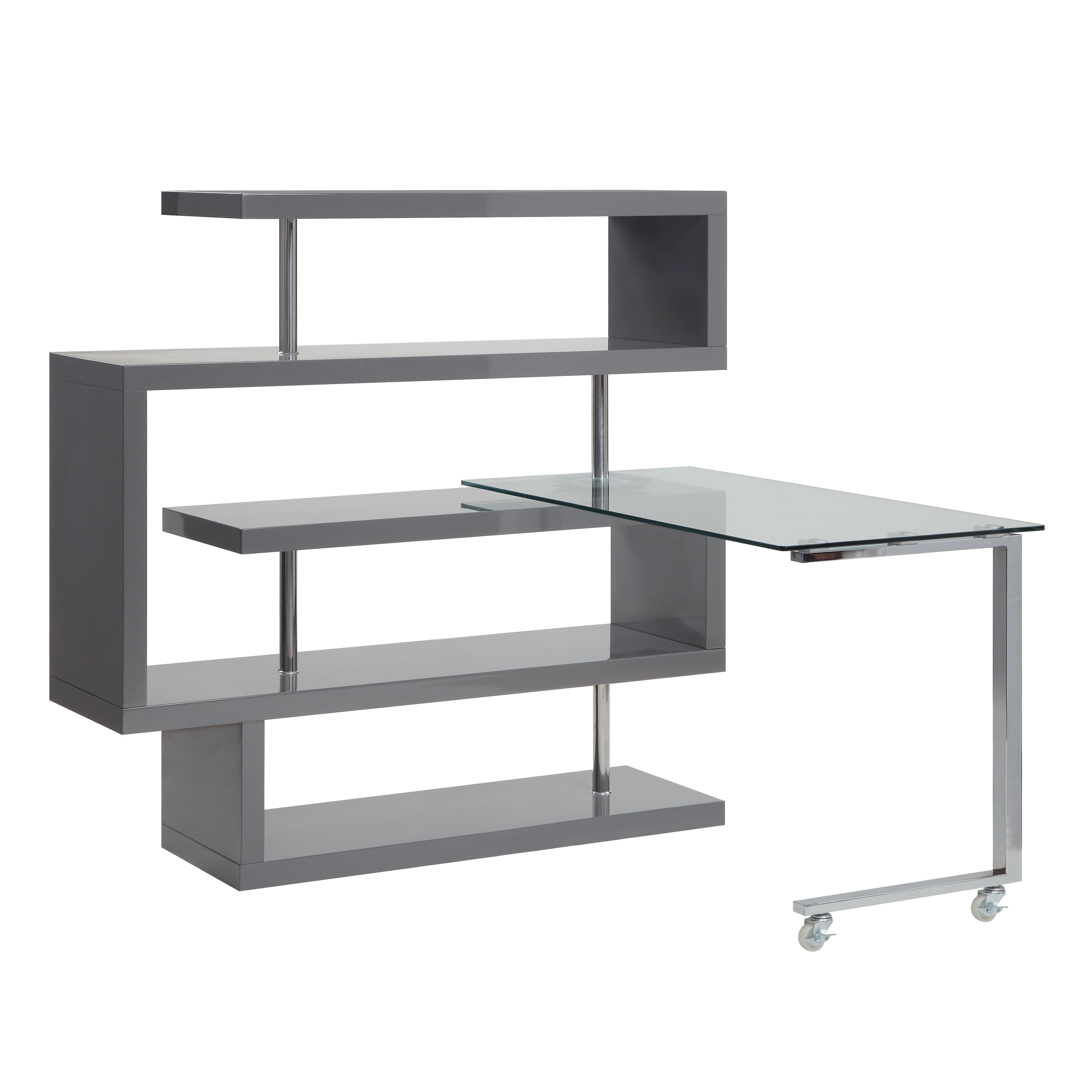 ACME Writing Desk w/Swivel Function 360 Open Storage: 4 Shelves Clear Glass Desk Top High Gloss Finish 2 Wheels Included | Meri Furniture
