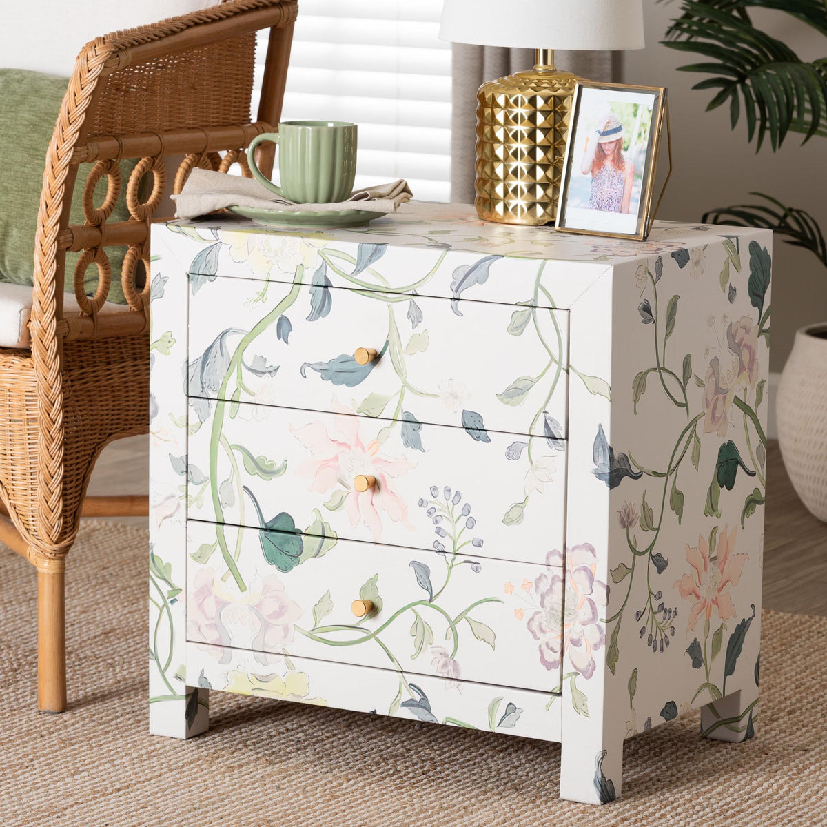 Connery Floral  End Table - 3-Drawer Decorative Accent Storage Cabinet