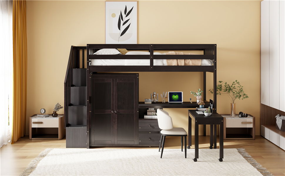 Loft Bed With Stairs, Bookshelf, Drawers, Desk & Wardrobe, Space Saving Multifunctional Furniture