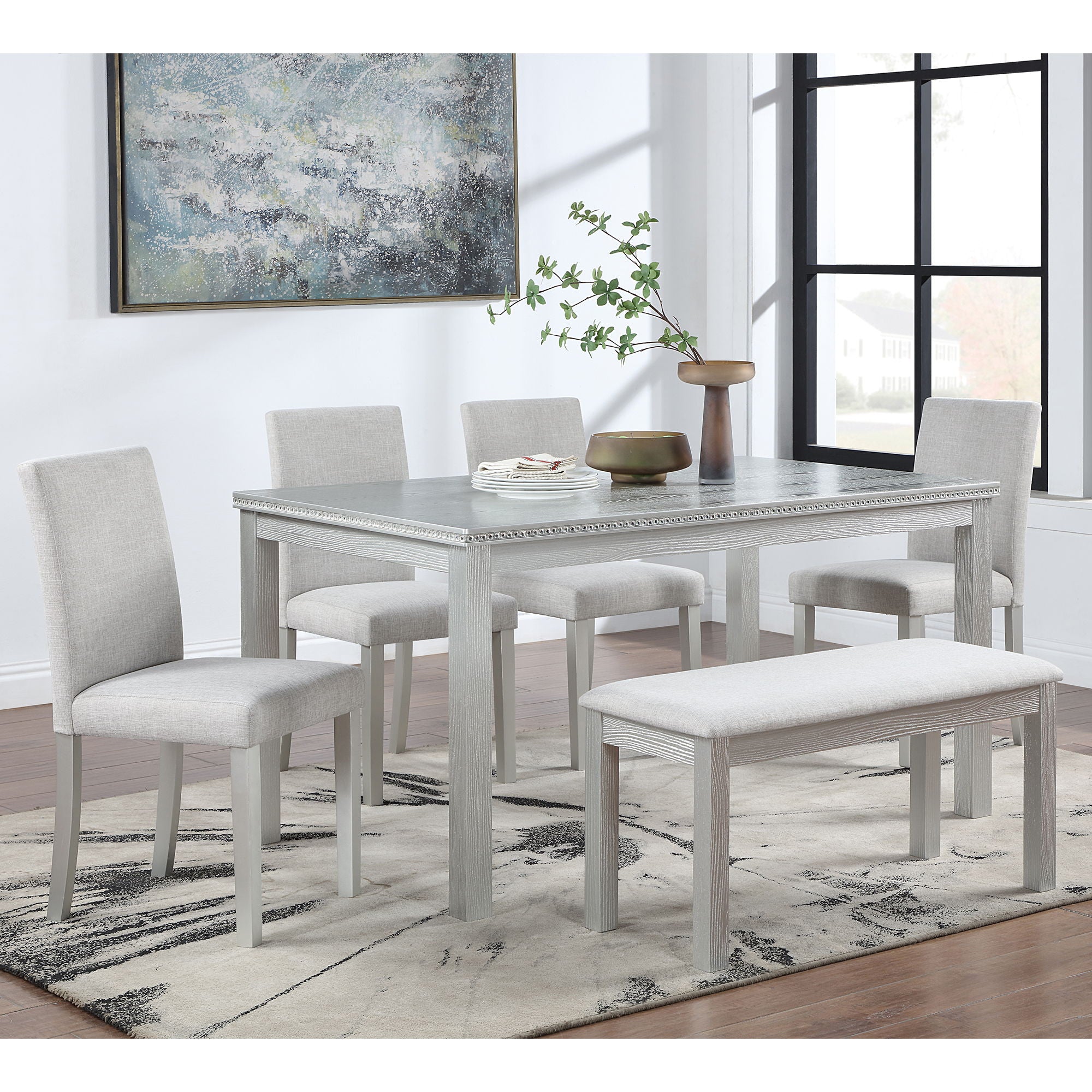 Dining Table Set With Crystal Decoration And Upholstered Chairs