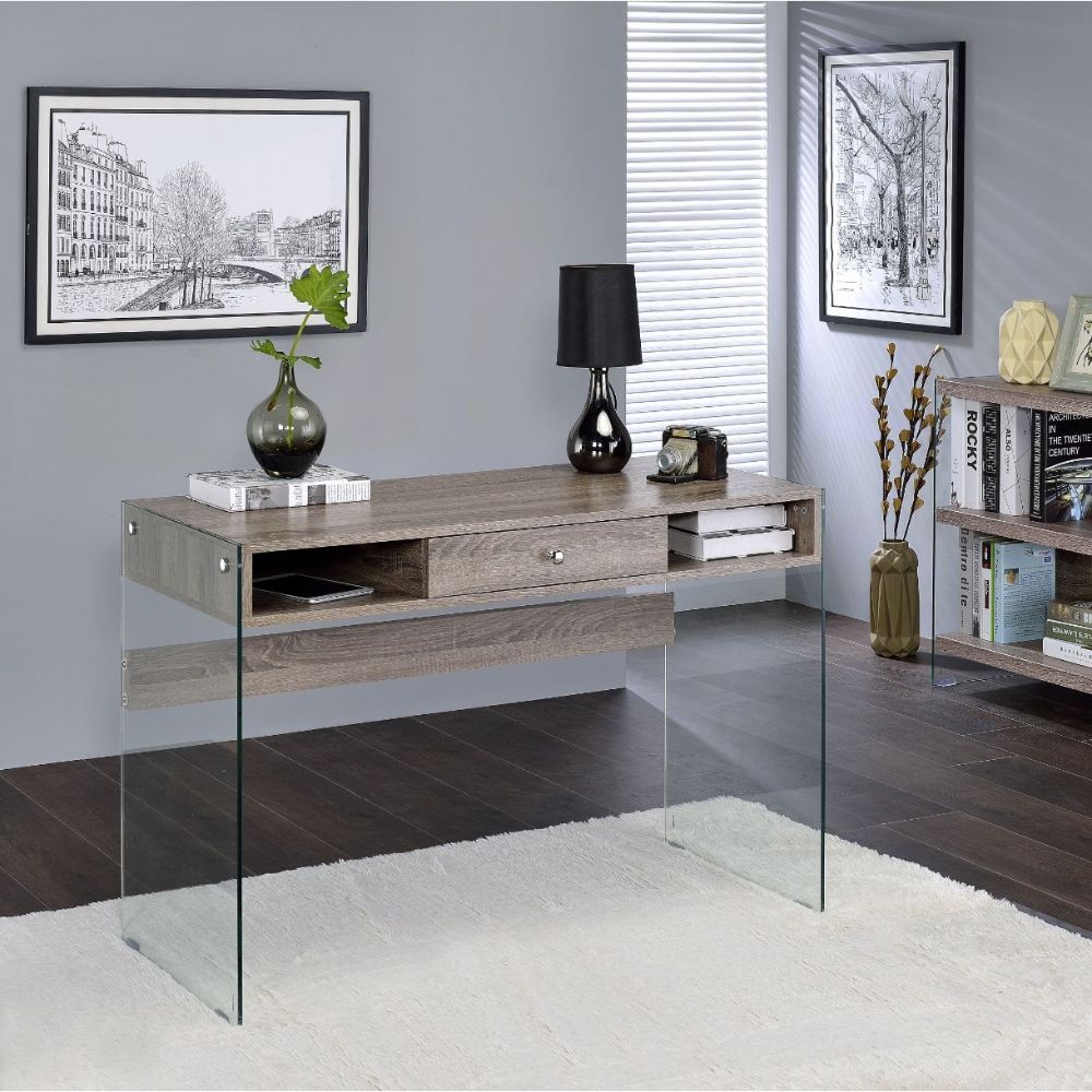 ACME Armon - Desk - Gray Oak & Clear Glass | Meri Furniture