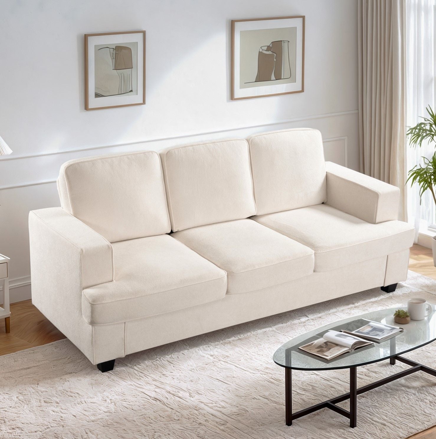 Modern Sofa, Comfortable 3 Seater Couch With Deep Seating, Loose Back Cushions, Wide Arms