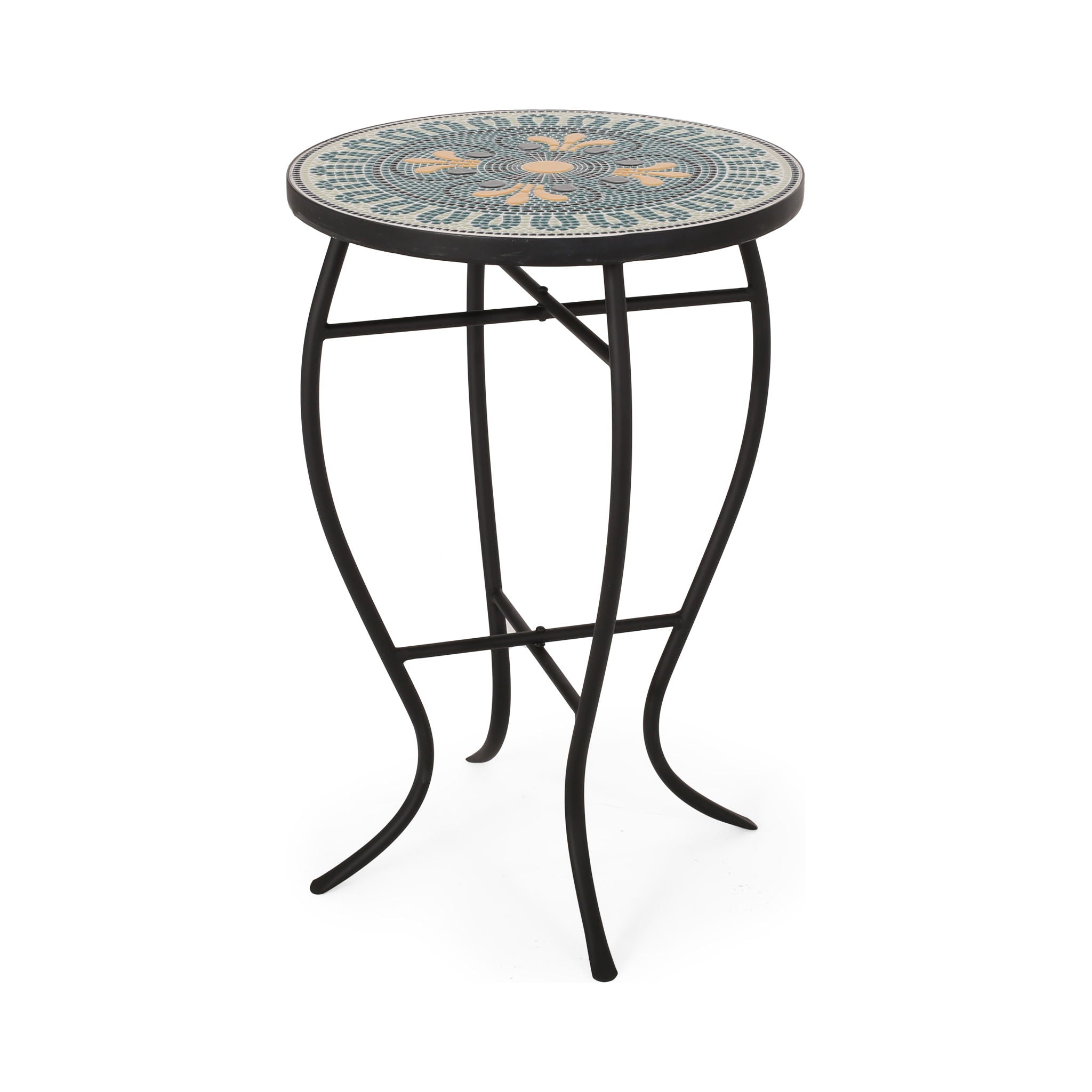 Outdoor Side Table With Tile Mosaic Table Top - Black