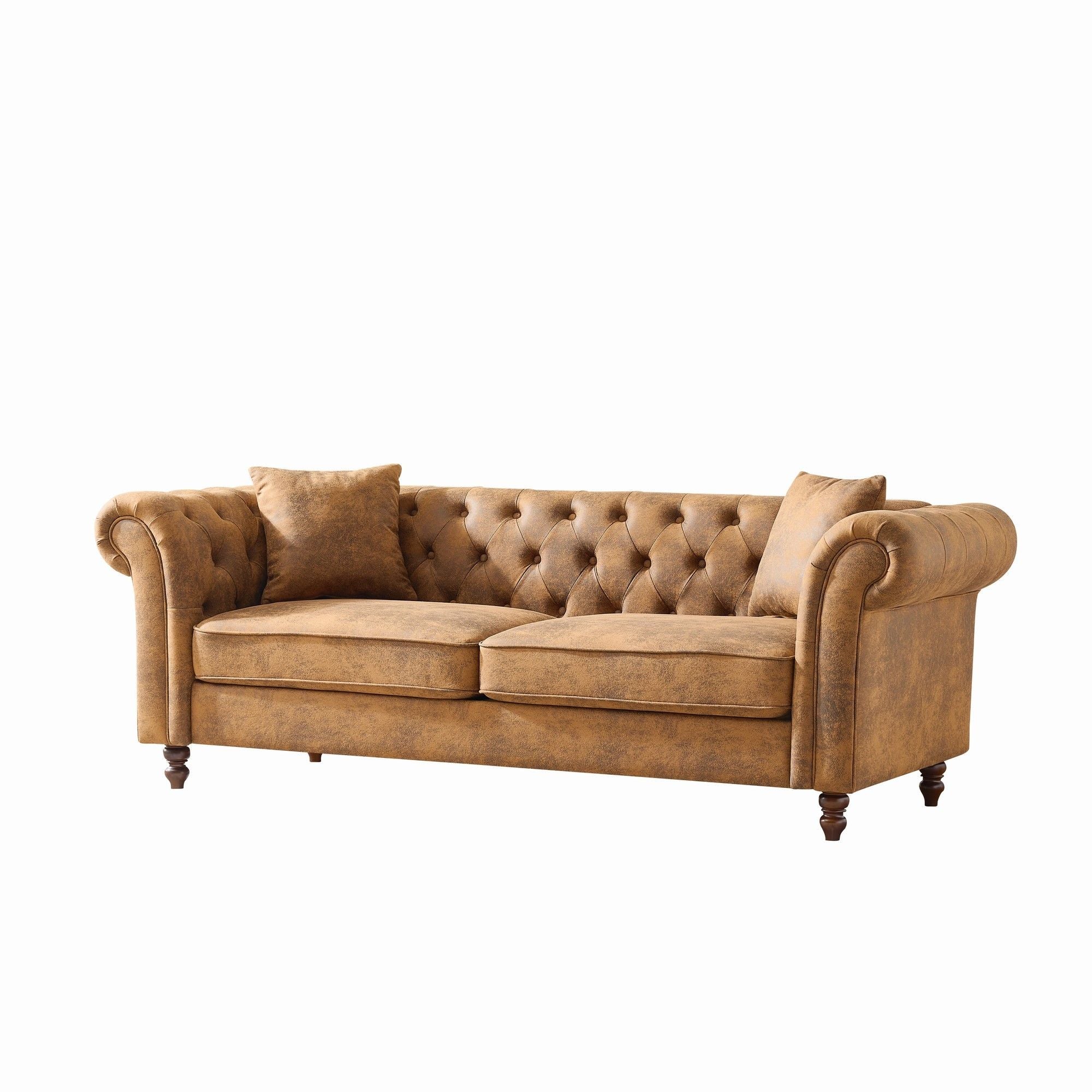 Chesterfield Sofa, High Roll Armrest Sofa, Upholstered Mid Century Modern Couch, 3 Seater Couch - Brown