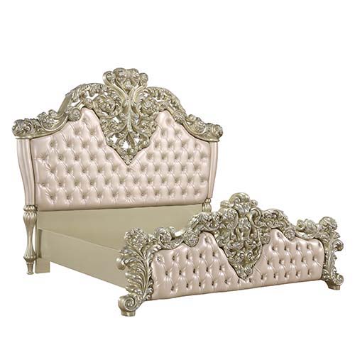 ACME Vatican - Eastern King Bed - PU Leather, Light Gold & Champagne Silver Finish | Meri Furniture