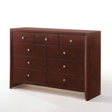 This Ilana contemporary 9 drawers dresser is brown cherry finish with English dovetail with center metal glides. The clean finish top is easy to wipe. The knob hardware accentuates nine drawers that offer much convenience for use.