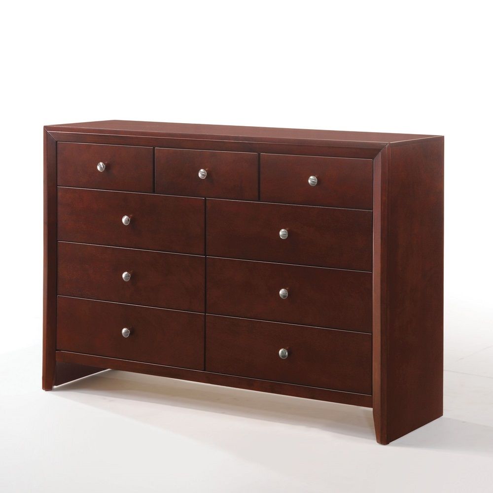 ACME This Ilana contemporary 9 drawers dresser is brown cherry finish with English dovetail with center metal glides. The clean finish top is easy to wipe. The knob hardware accentuates nine drawers that offer much convenience for use. | Meri Furniture