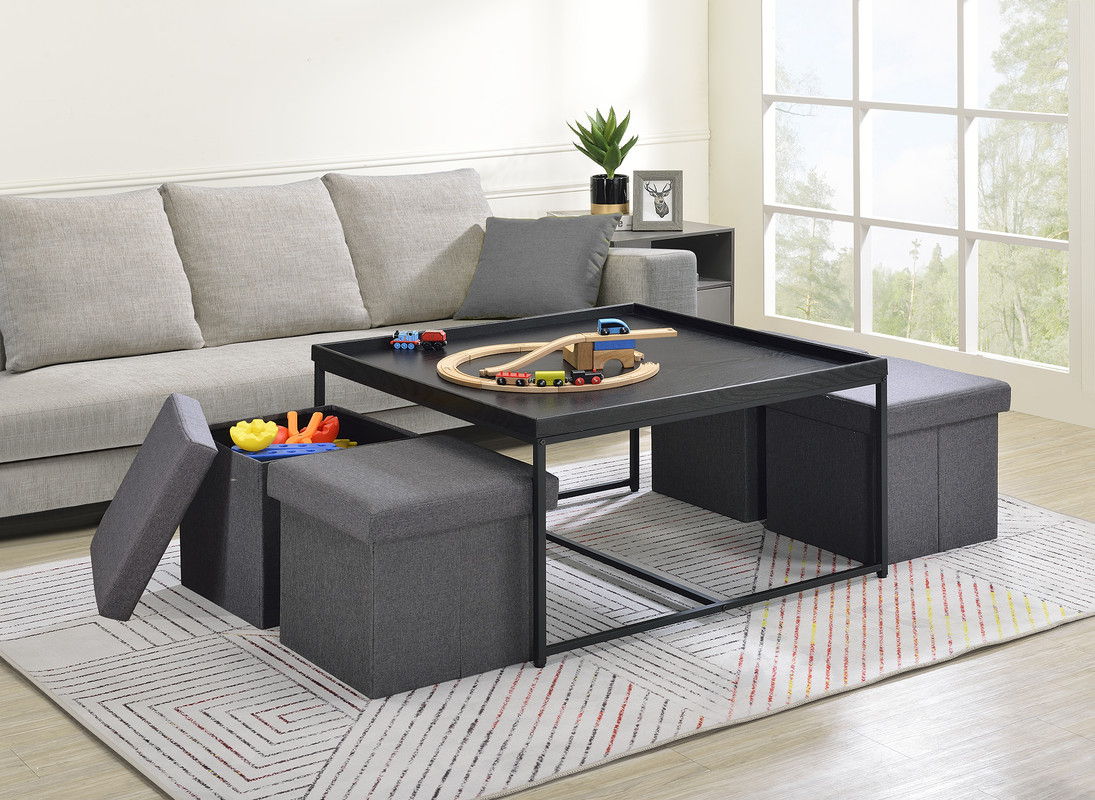 Vinny 35"W Black Wood Grain 5 Piece Coffee Table Set with Raised Edges