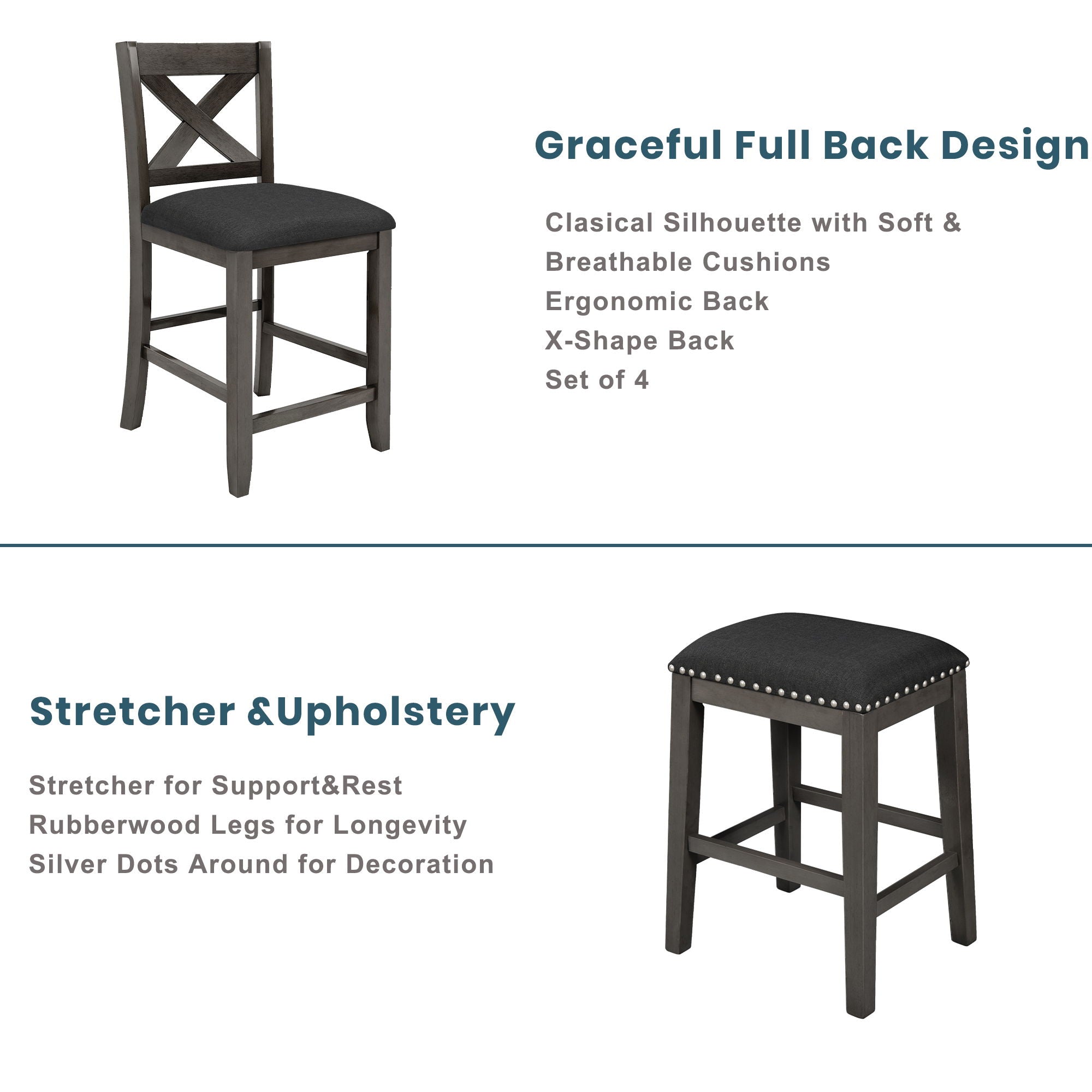 5 Pieces Counter Height Rustic Farmhouse Dining Room Wooden Bar Table Set With 2 Stools And 2 Chairs