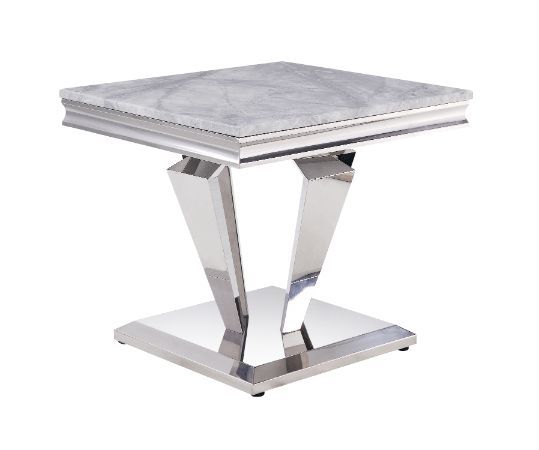 Satinka - End Table - Light Gray Printed Faux Marble & Mirrored Silver Finish