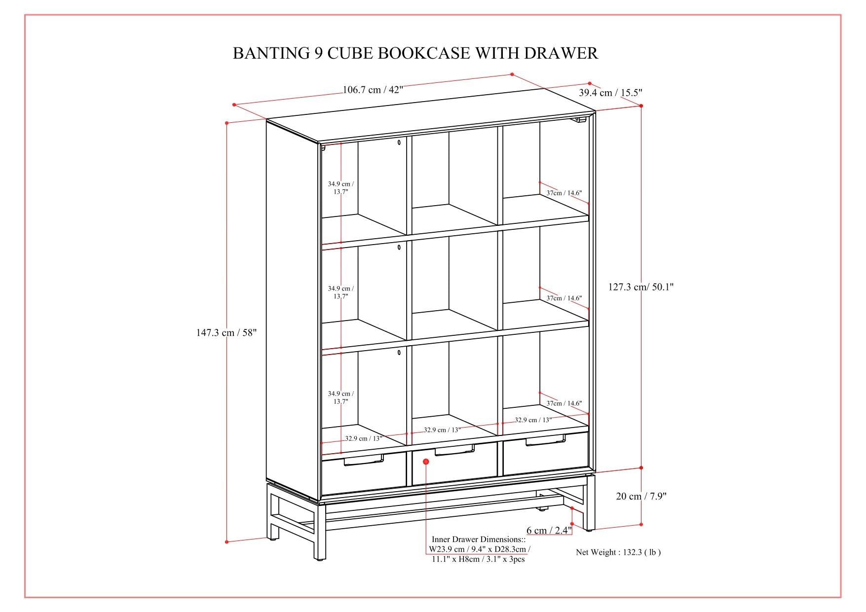 Banting - 9 Cube Bookcase With Drawers - Walnut Brown