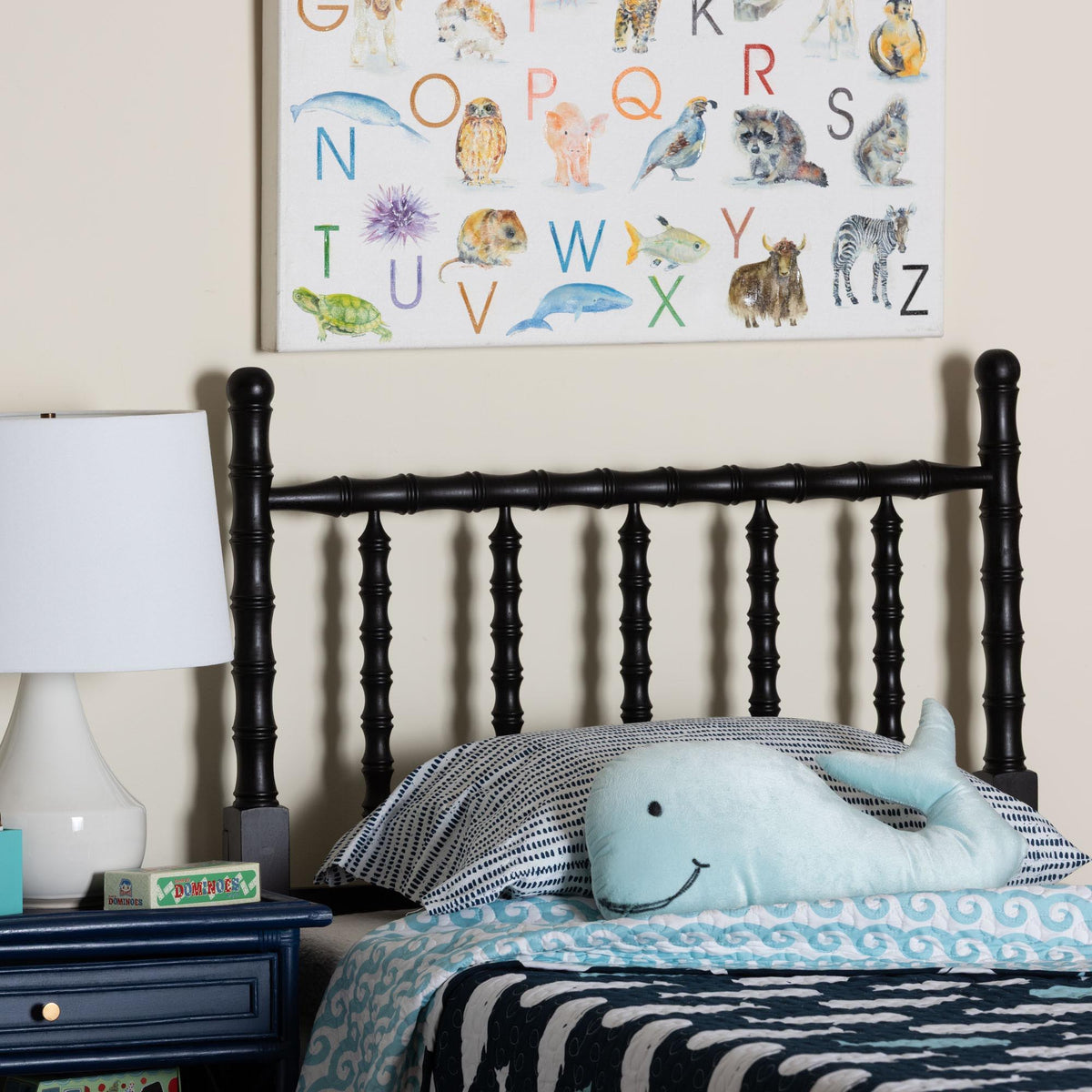 Edaline Bamboo Motif Headboard - Crafted Wood Panel with Decorative Turned Spindle Design for Boho Costal Bedroom, Twin, Black